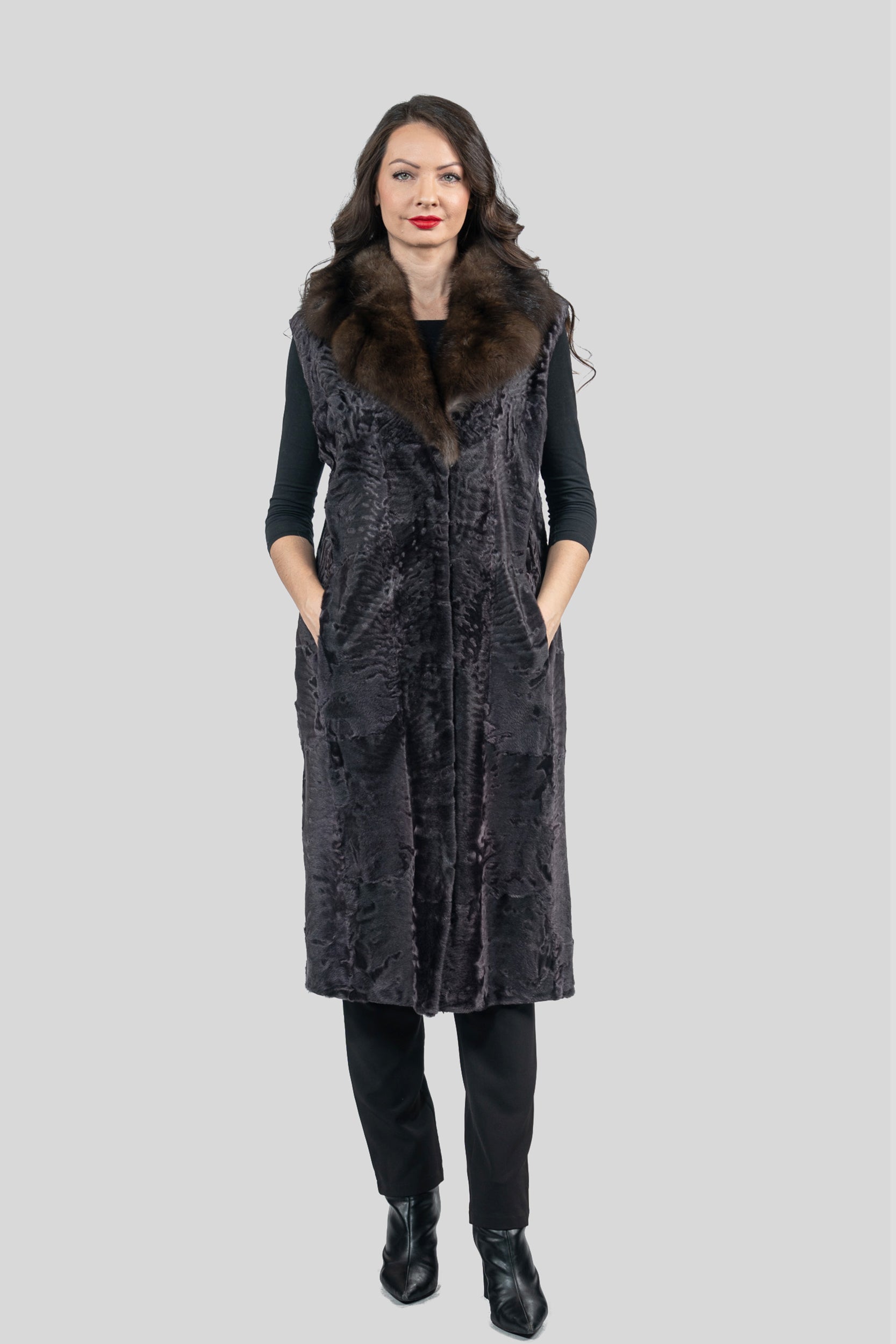 Gray Moon Swakara Vest with Russian Sable Notch Collar S/S13c519s20