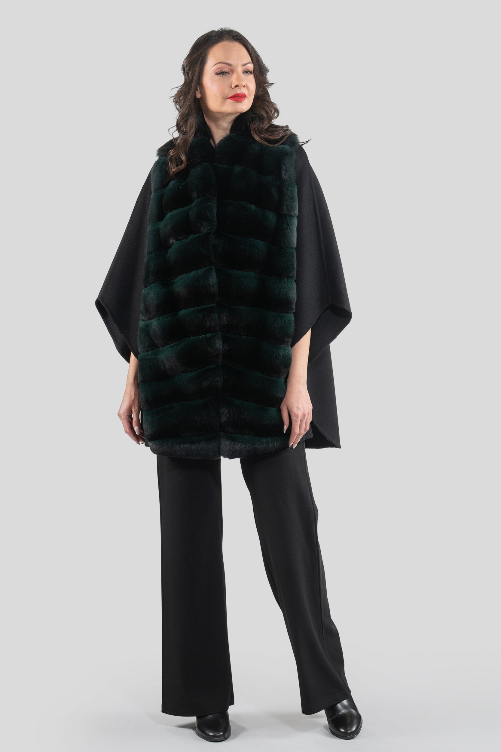 Black Cashmere Cape with Green Chinchilla Trim 18M950