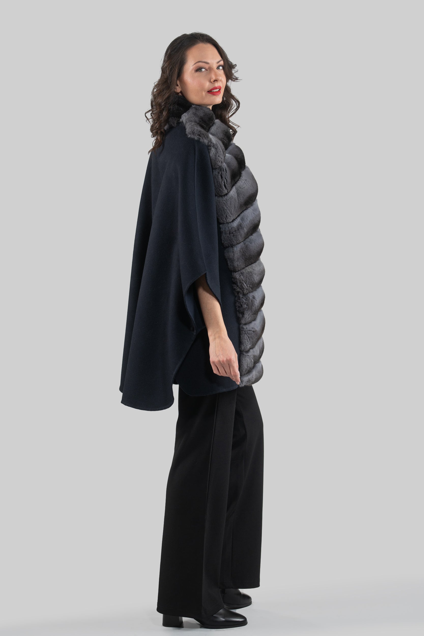 Blue Black Cashmere Cape with Oracle Chinchilla Trim 18M950