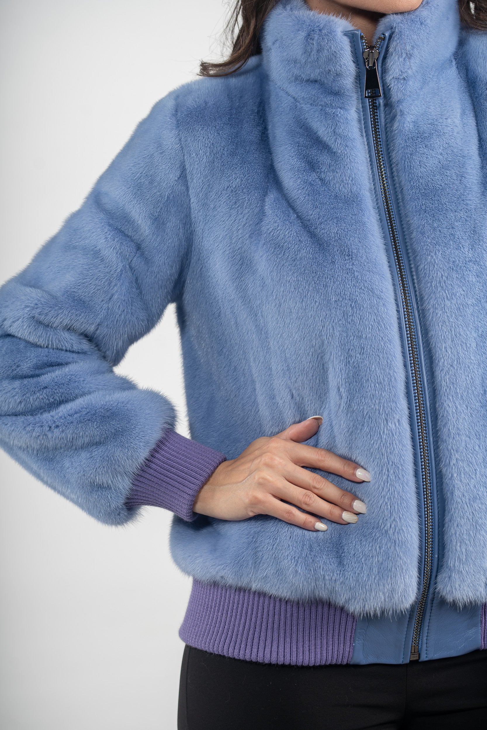 Aqua Marine Mink Bomber Jacket with Stand Collar L/O13C224