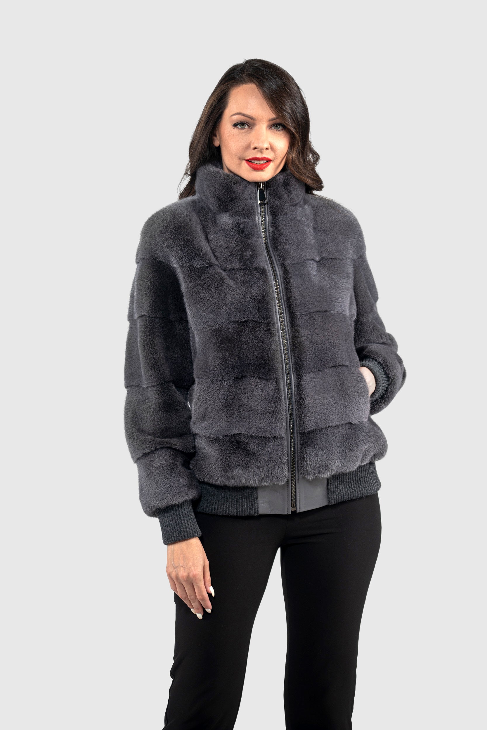 Grey Moon Mink Bomber Jacket with Stand Collar P/K13C224