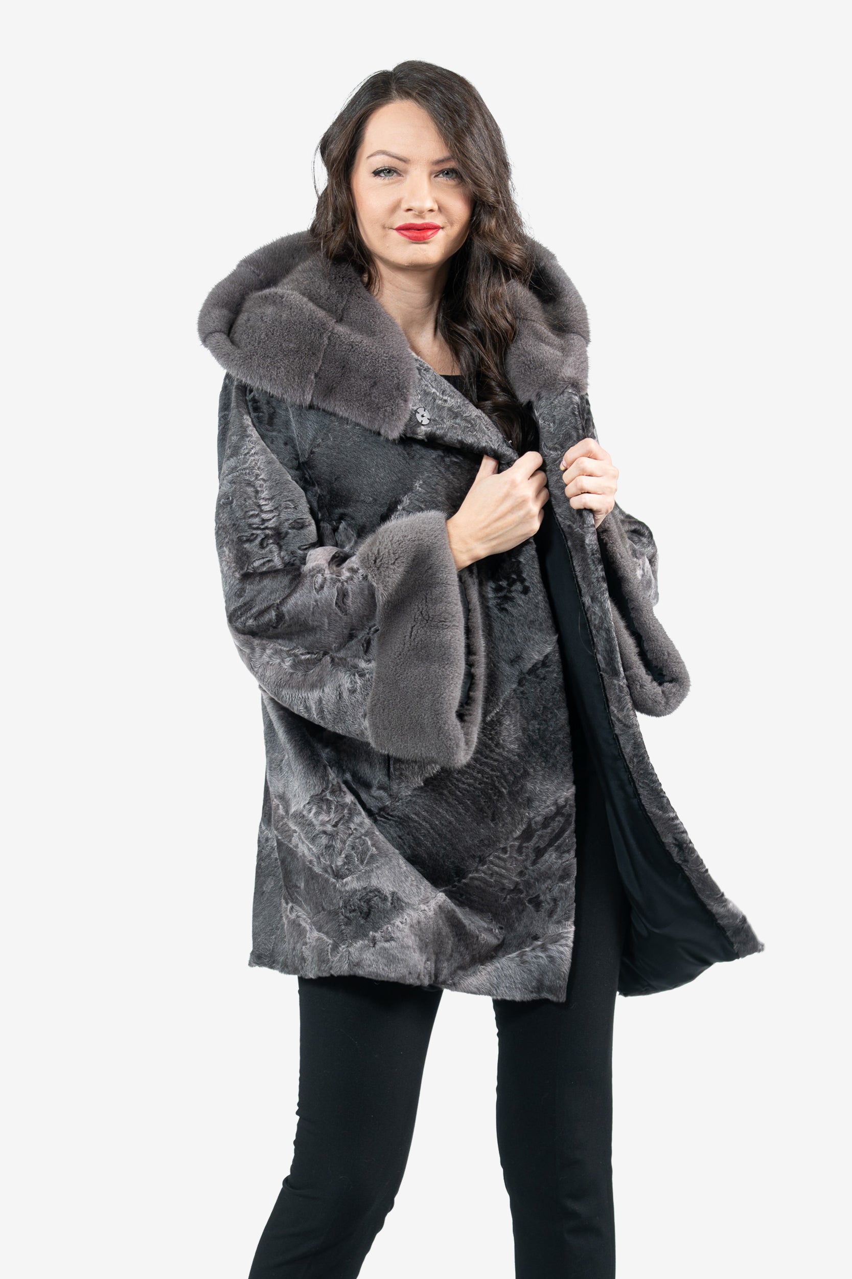 Grey Moon Swakara Half Coat with Mink Trim A/K850V30
