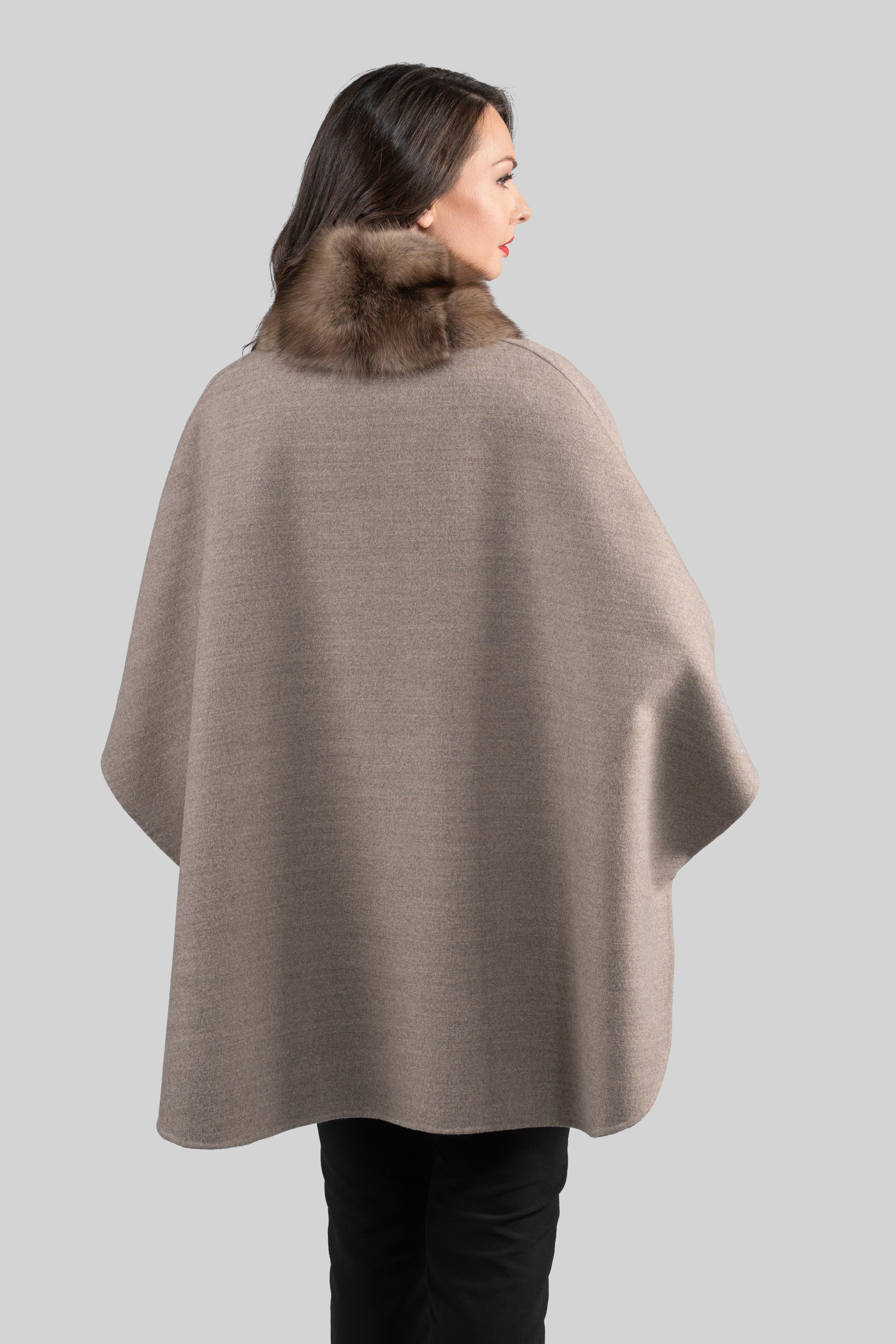 Grey Brown Cashmere Cape with Russian Sable Trim 18M951