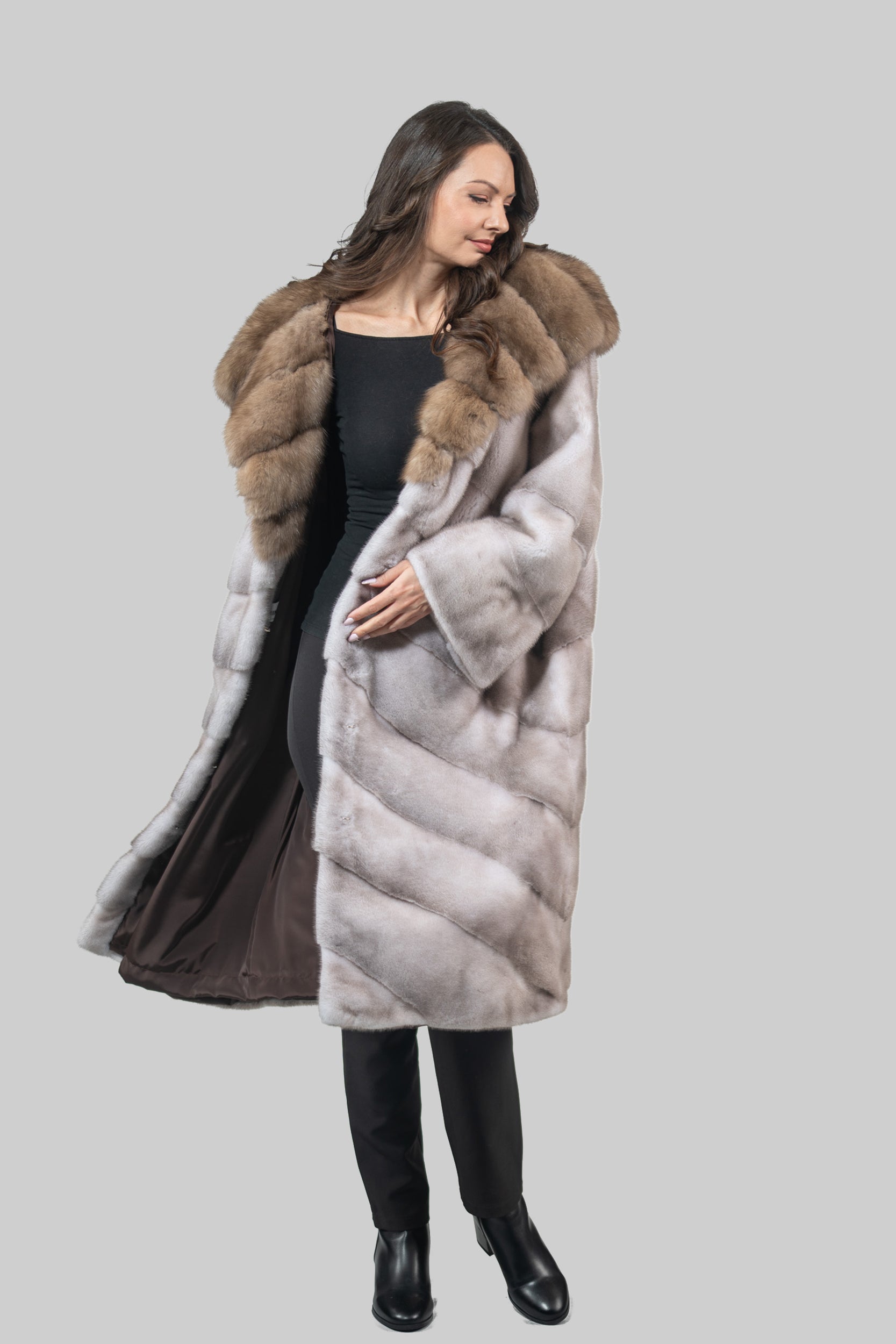 Silver Blue Mink Coat with Russian Sable Hood A/K13C850