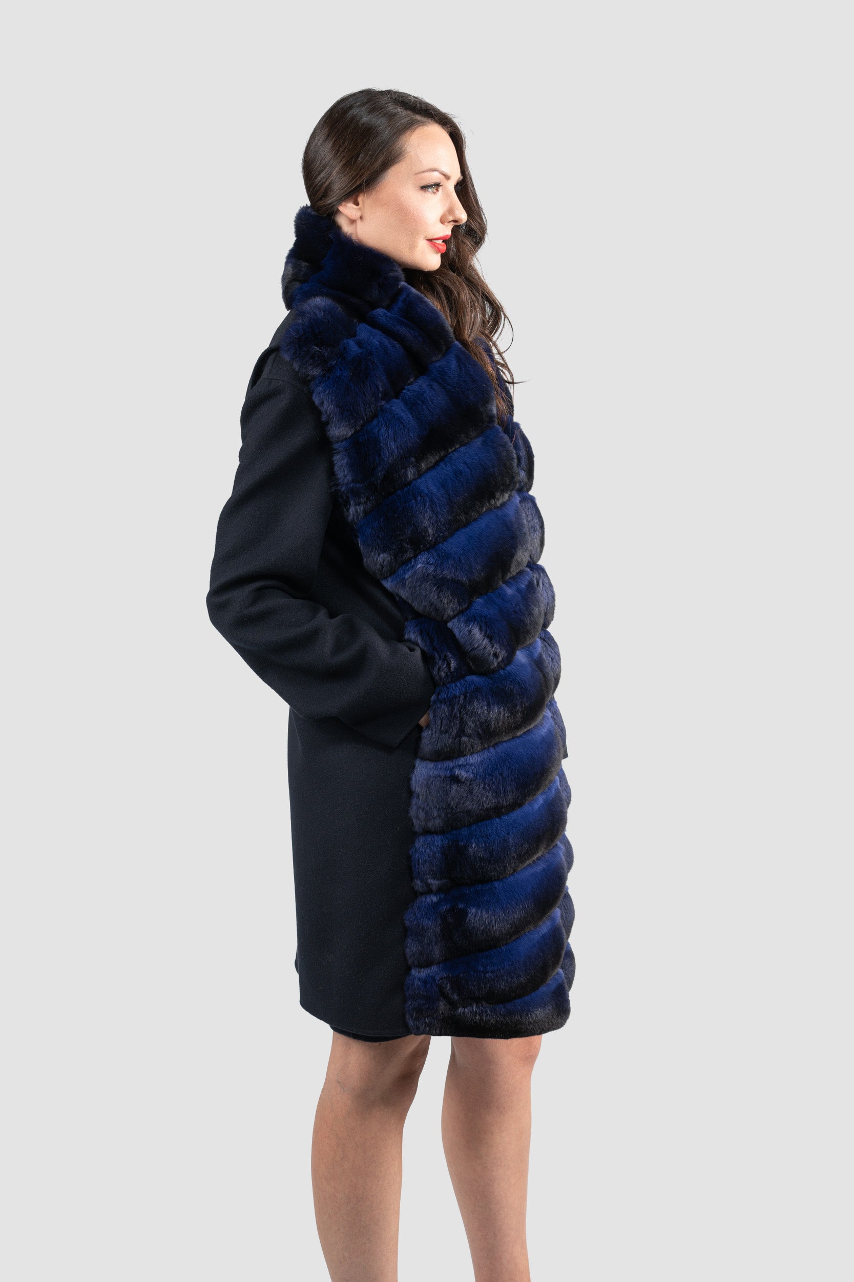 Blue Black Cashmere Half Coat & Vest with Chinchilla Trim 17C8003