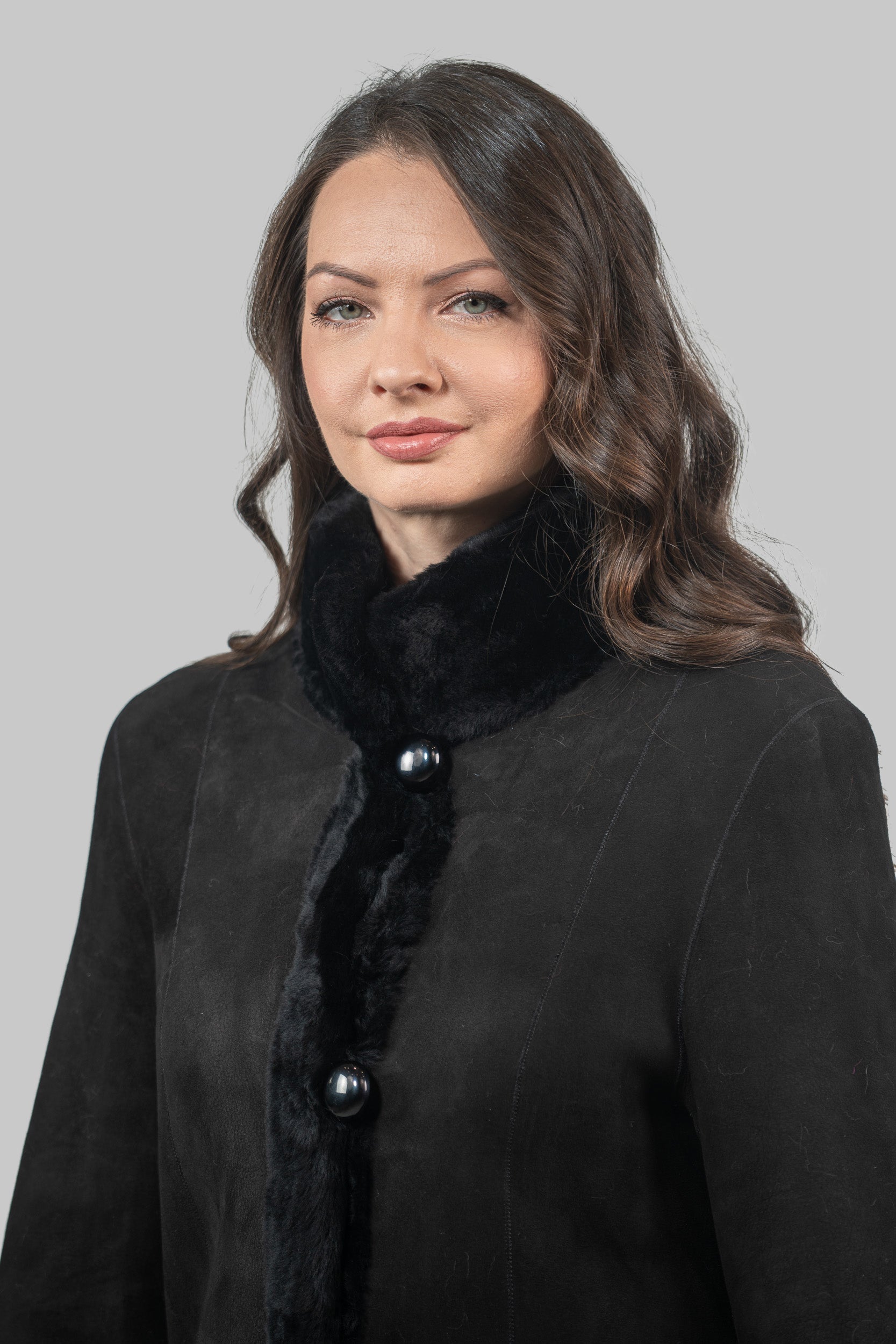 Black Half Coat In Spanish Merino with Stand Collar 207
