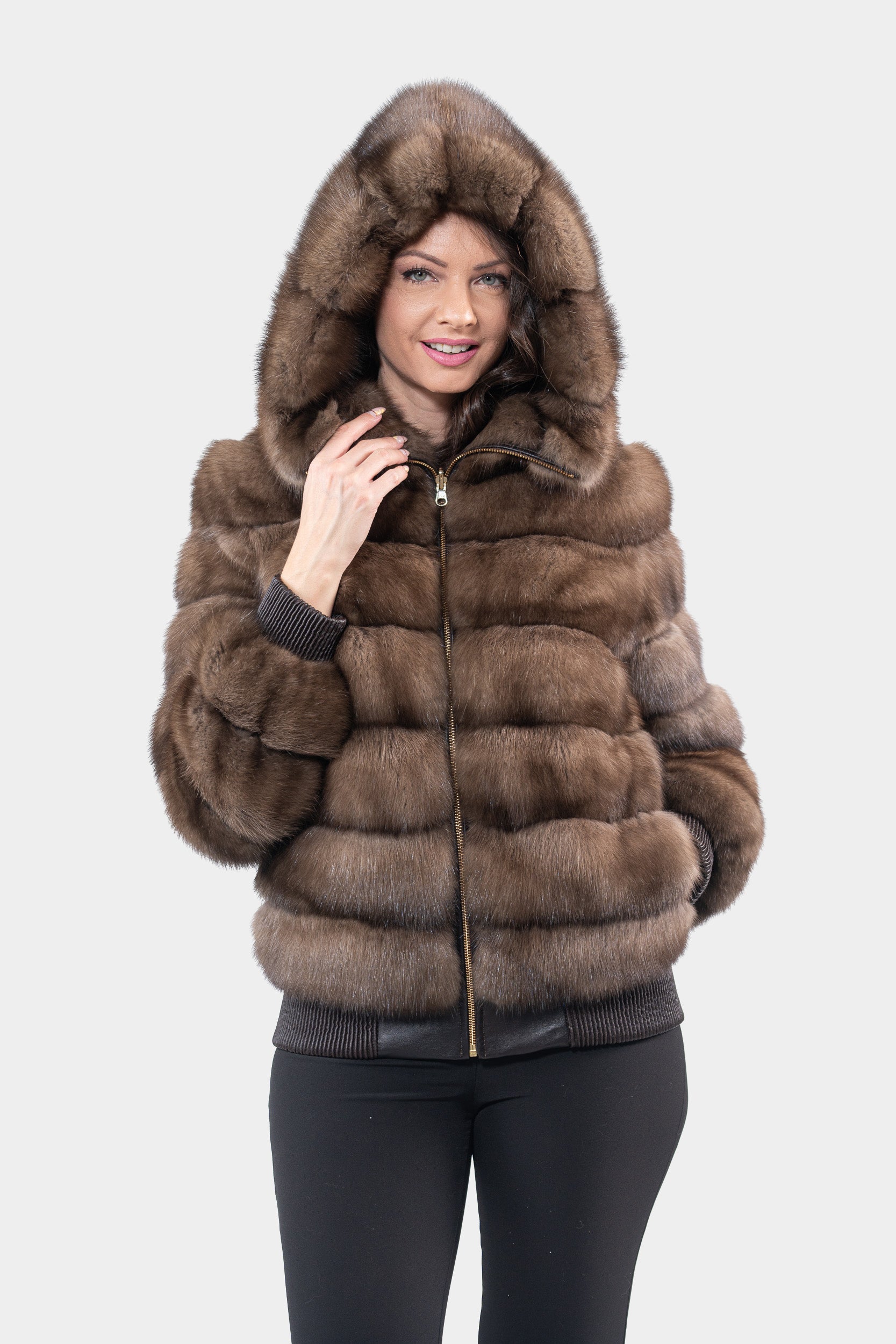 Reversible Titanium Russian Sable Bomber Jacket with Attached Hood P/K228H