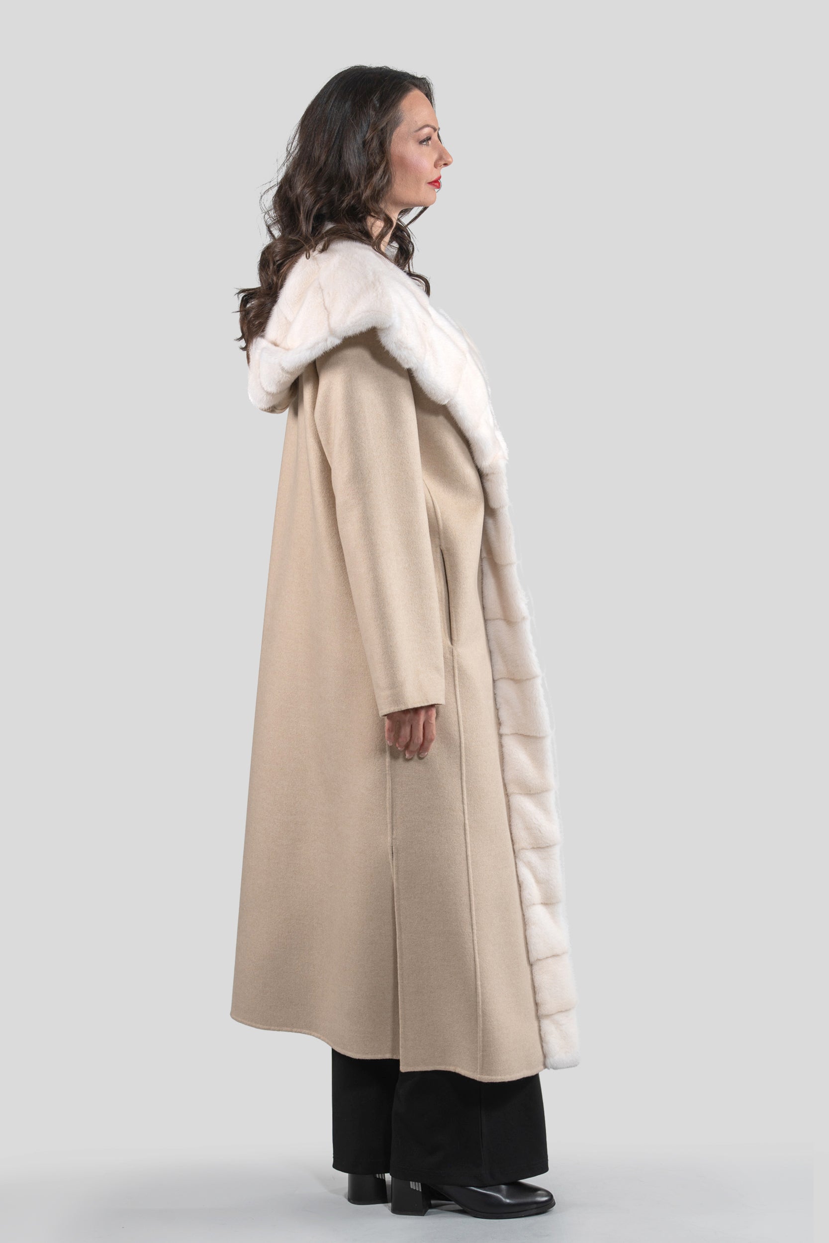Ecru Beige Cashmere Hooded Coat with Mink Trim 21C6080H540