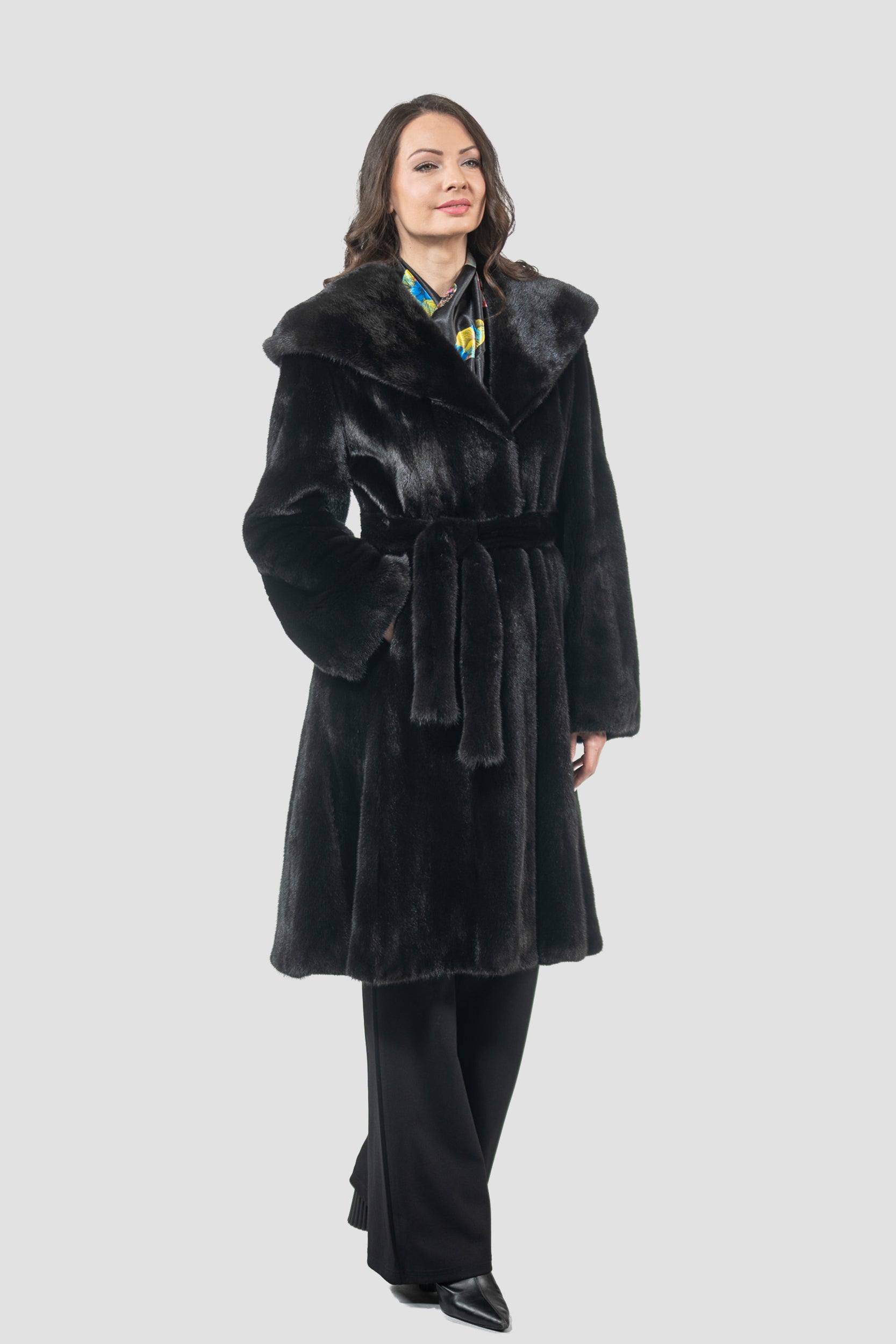 Blackgalama Mink Hooded Half Coat with Belt L/OGADEH