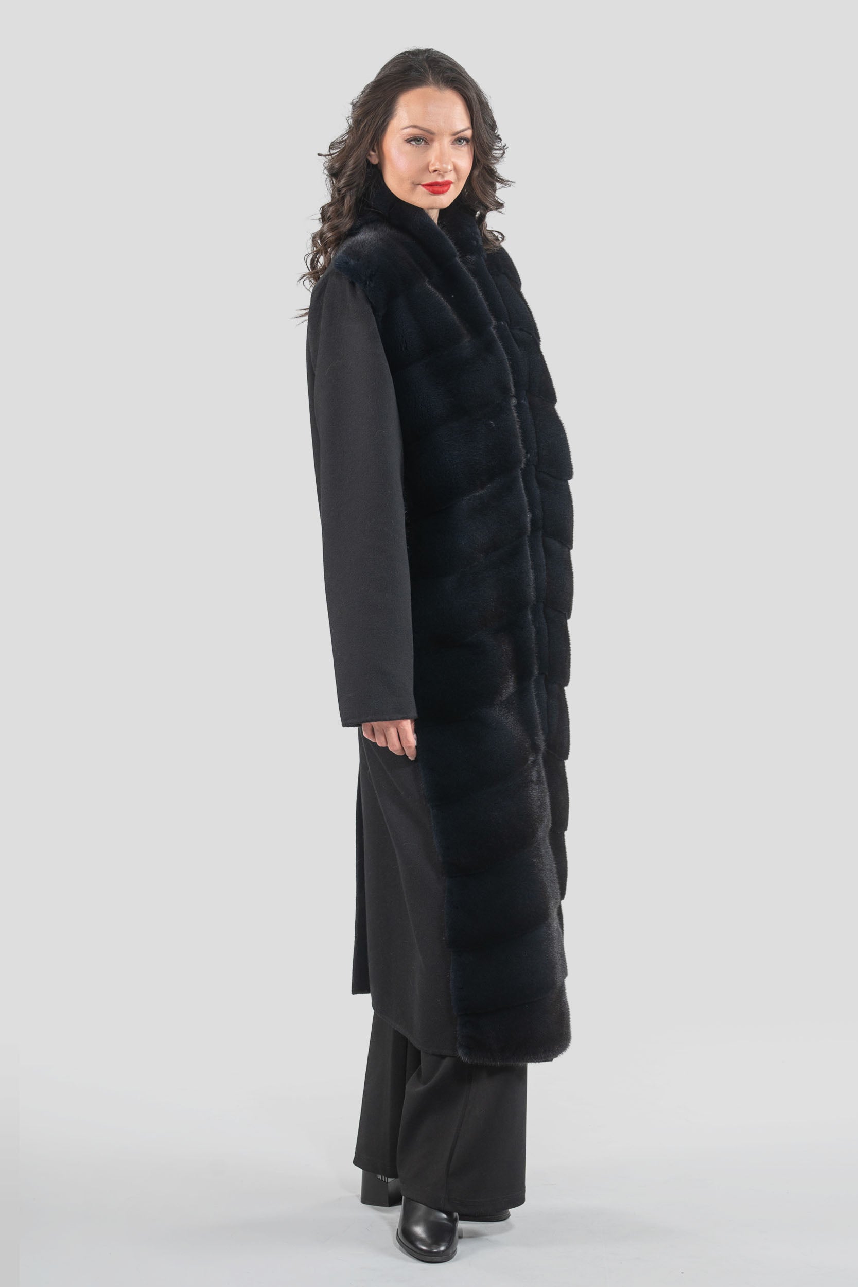 Black Cashmere Coat with Mink Trim 17c8003