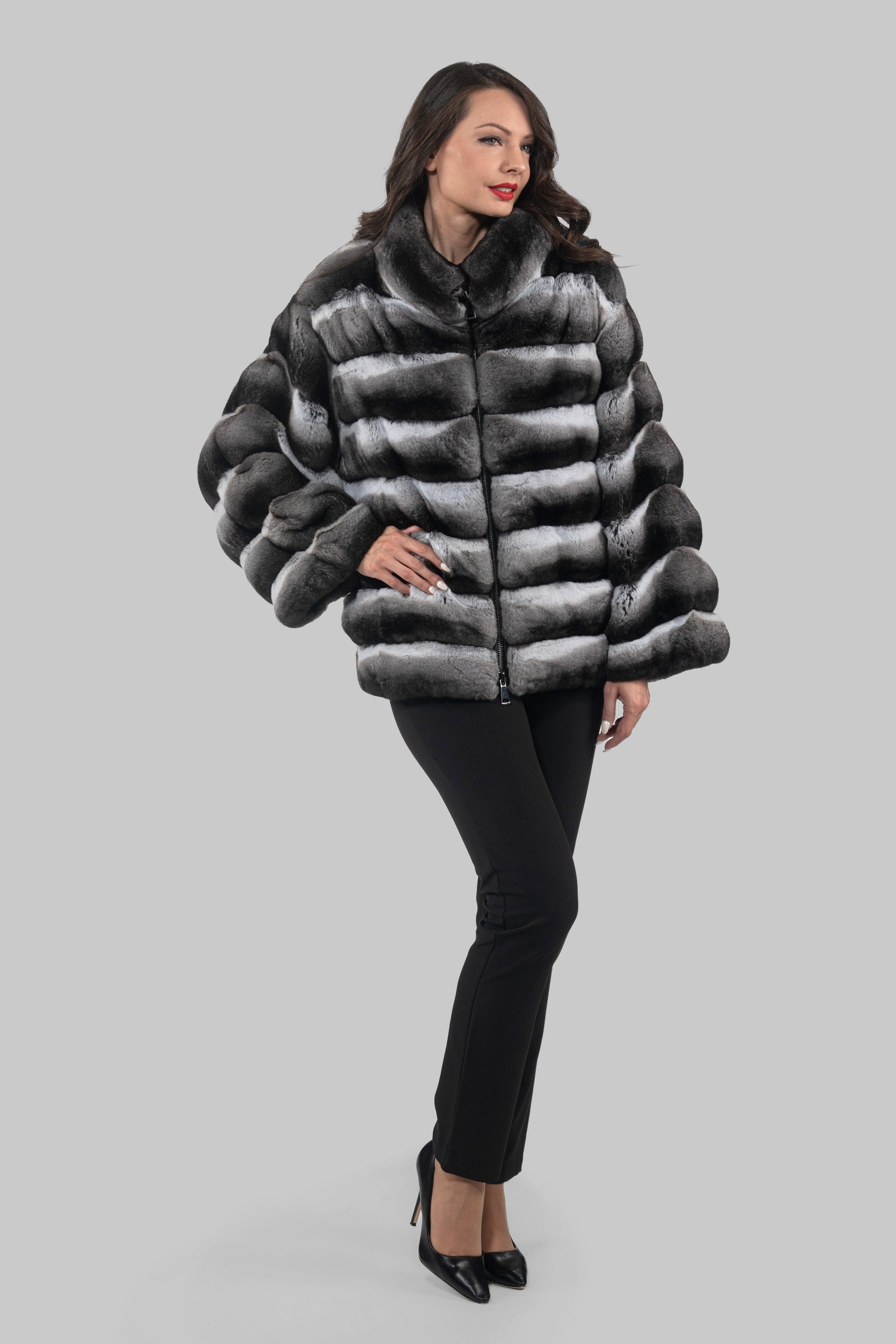 Chinchilla Jacket with Stand Collar and Zipper P/K13C137