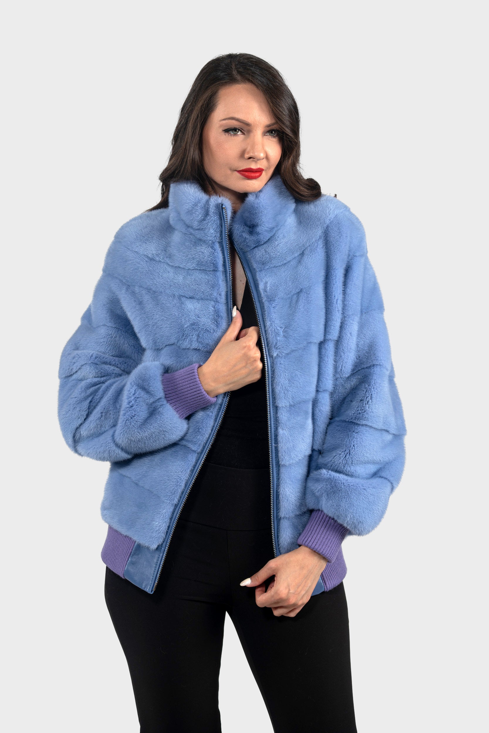 Aqua Marine Mink Bomber Jacket with Stand Collar P/K13C224