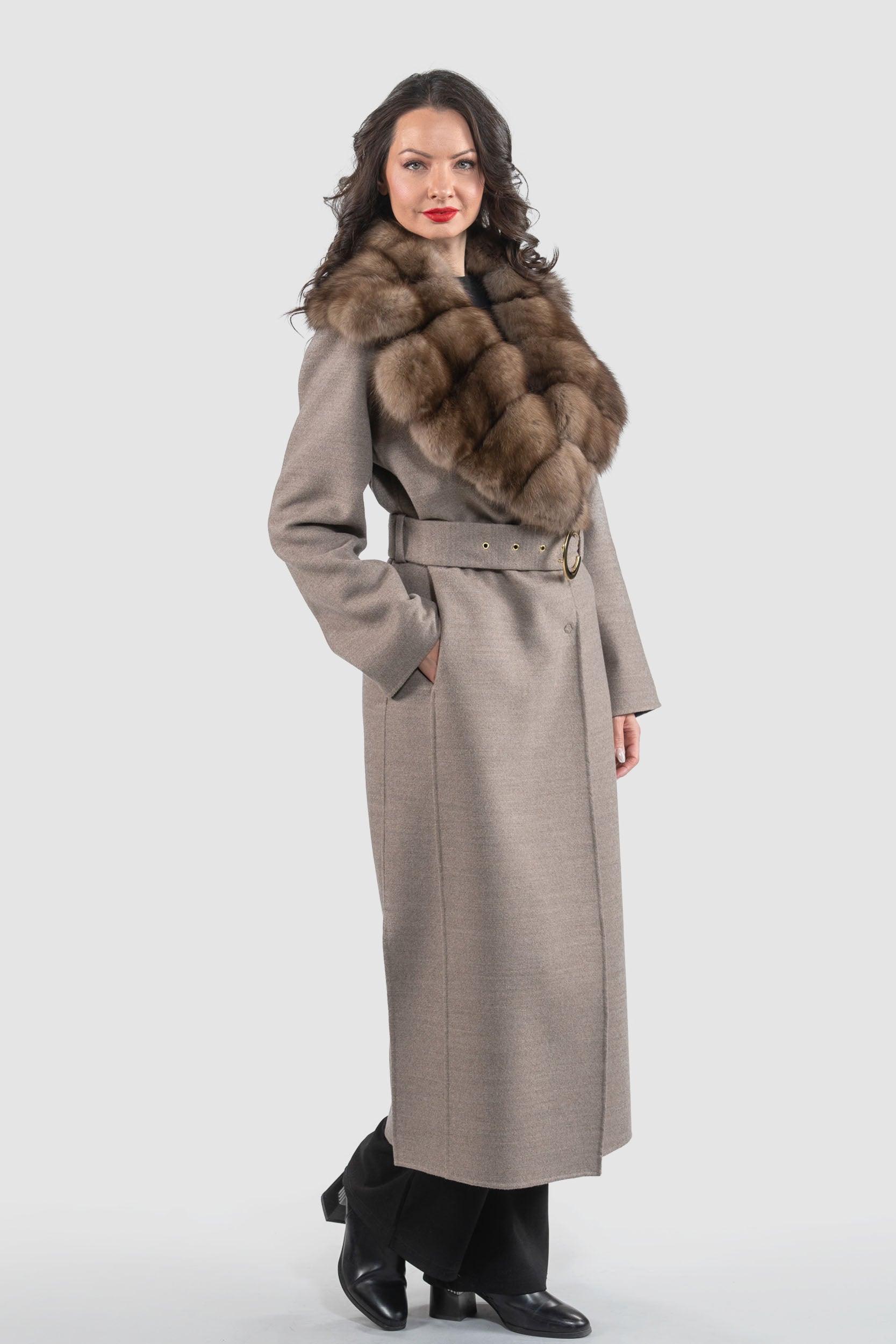Grey Brown Cashmere Coat with Russian Sable Notch Collar 20C8060S20