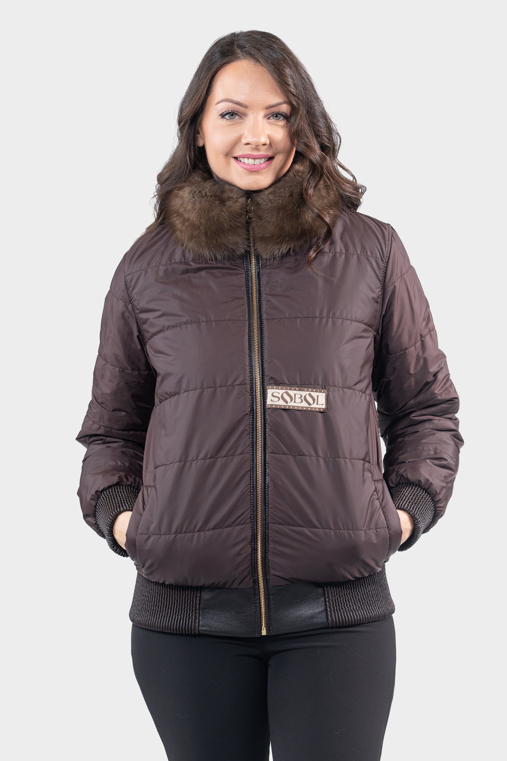 Reversible Titanium Russian Sable Bomber Jacket with Stand Collar P/K228