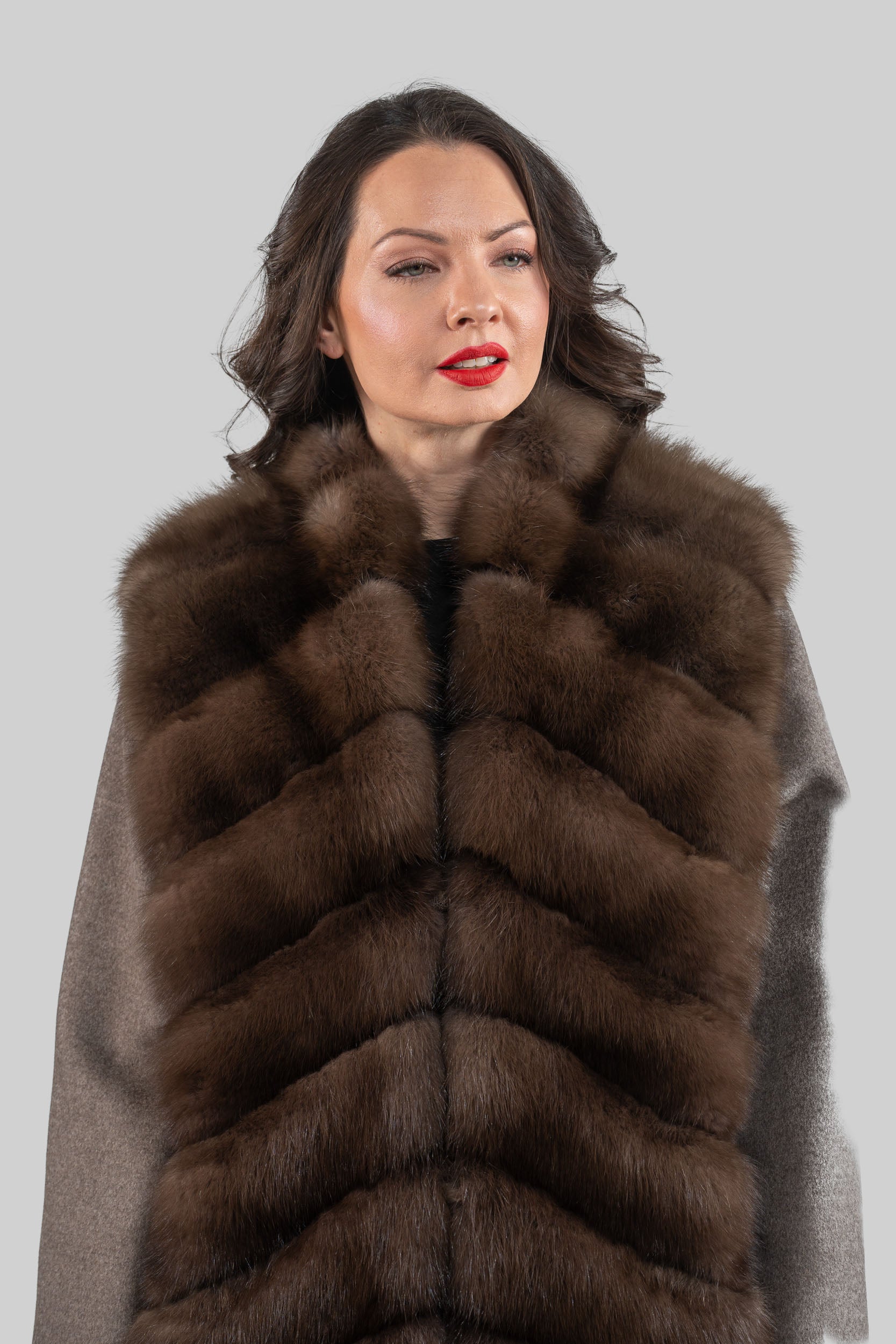 Brown Grey Cashmere Half Coat with Baumarten Trim 17c8003