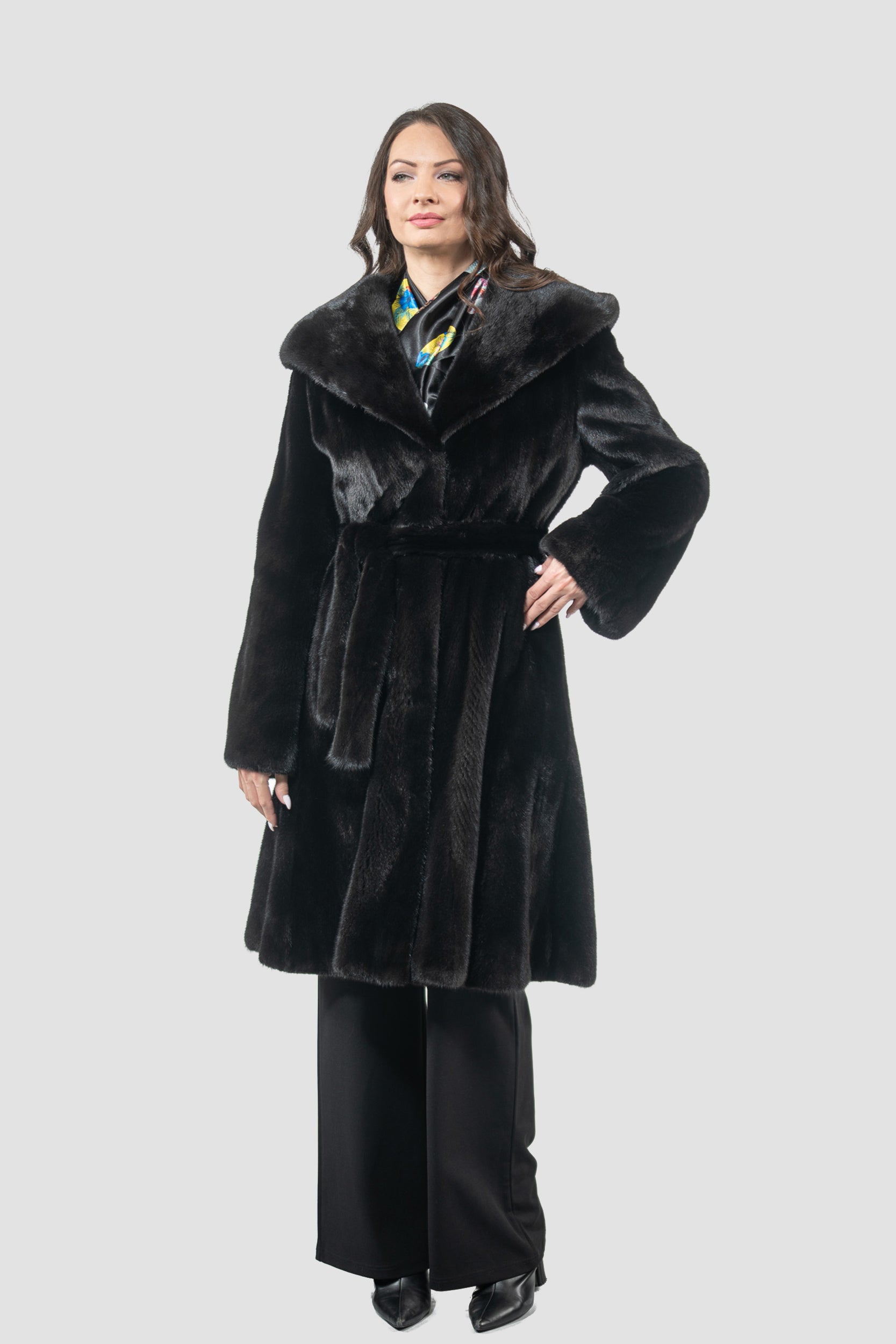 Blackgalama Mink Hooded Half Coat with Belt L/OGADEH