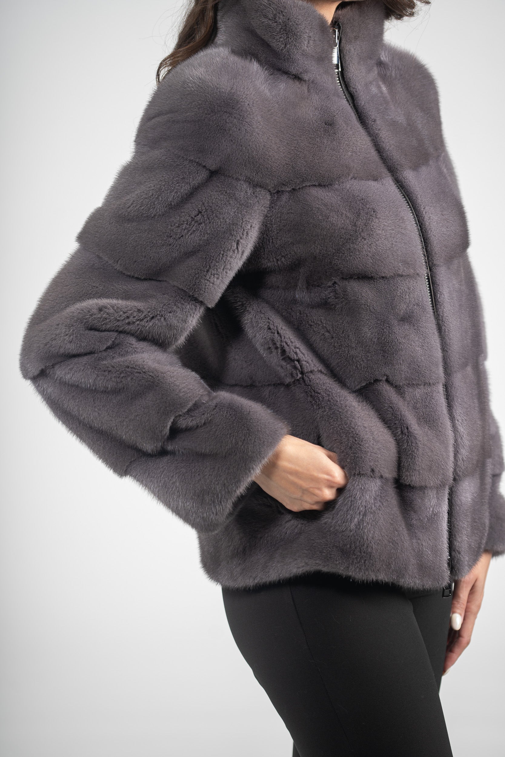 Grey Moon Mink Jacket with Stand Collar and Zipper P/K13C224