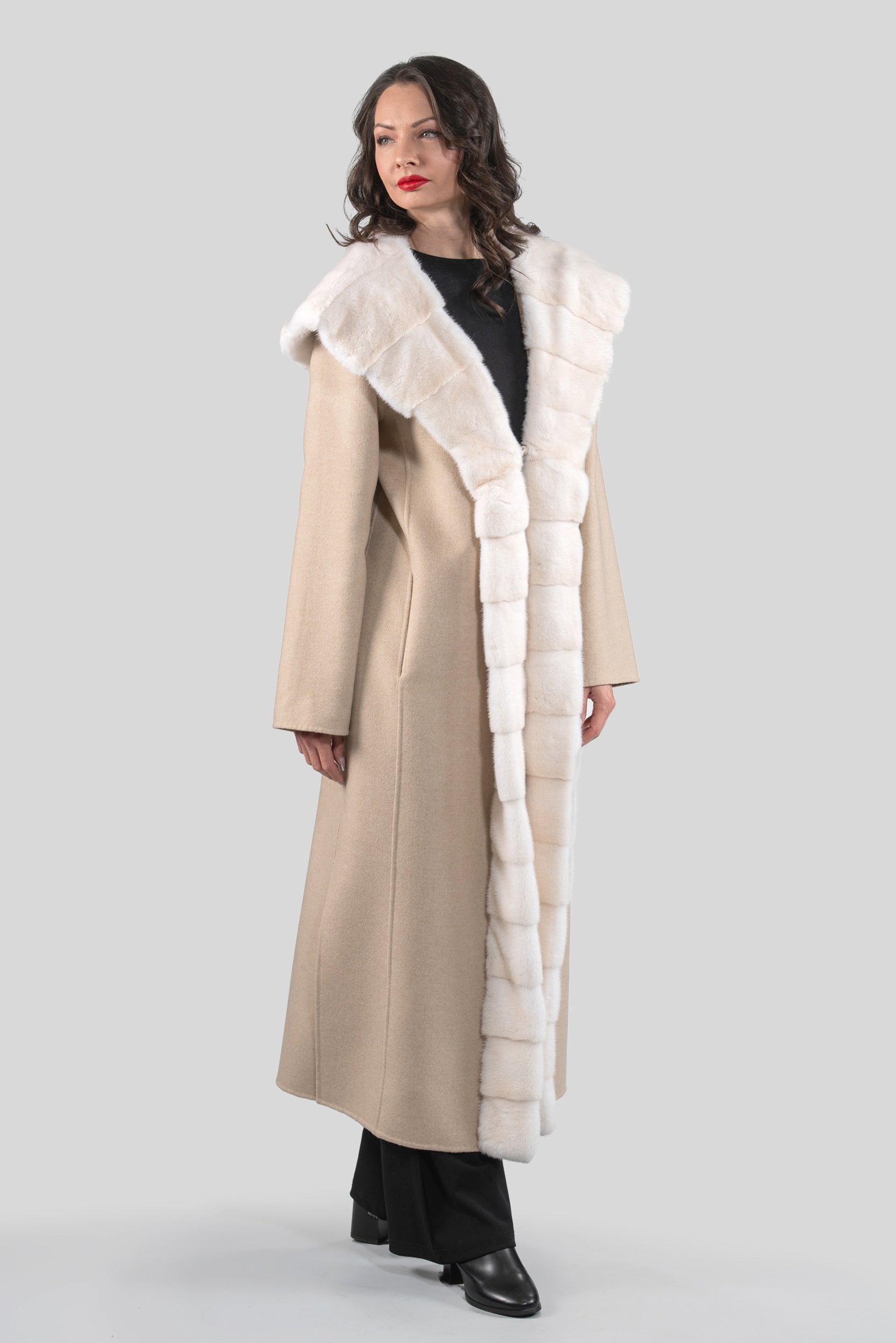 Ecru Beige Cashmere Hooded Coat with Mink Trim 21C6080H540