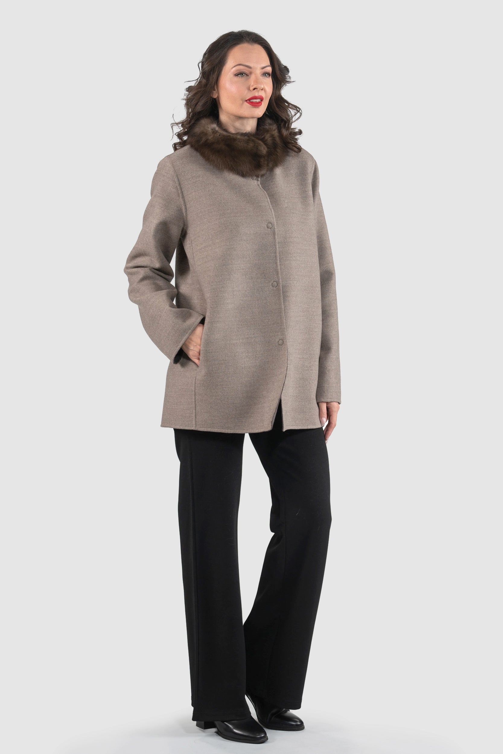 Grey Brown Cashmere Jacket with Russian Sable Stand Collar 17C8003G530