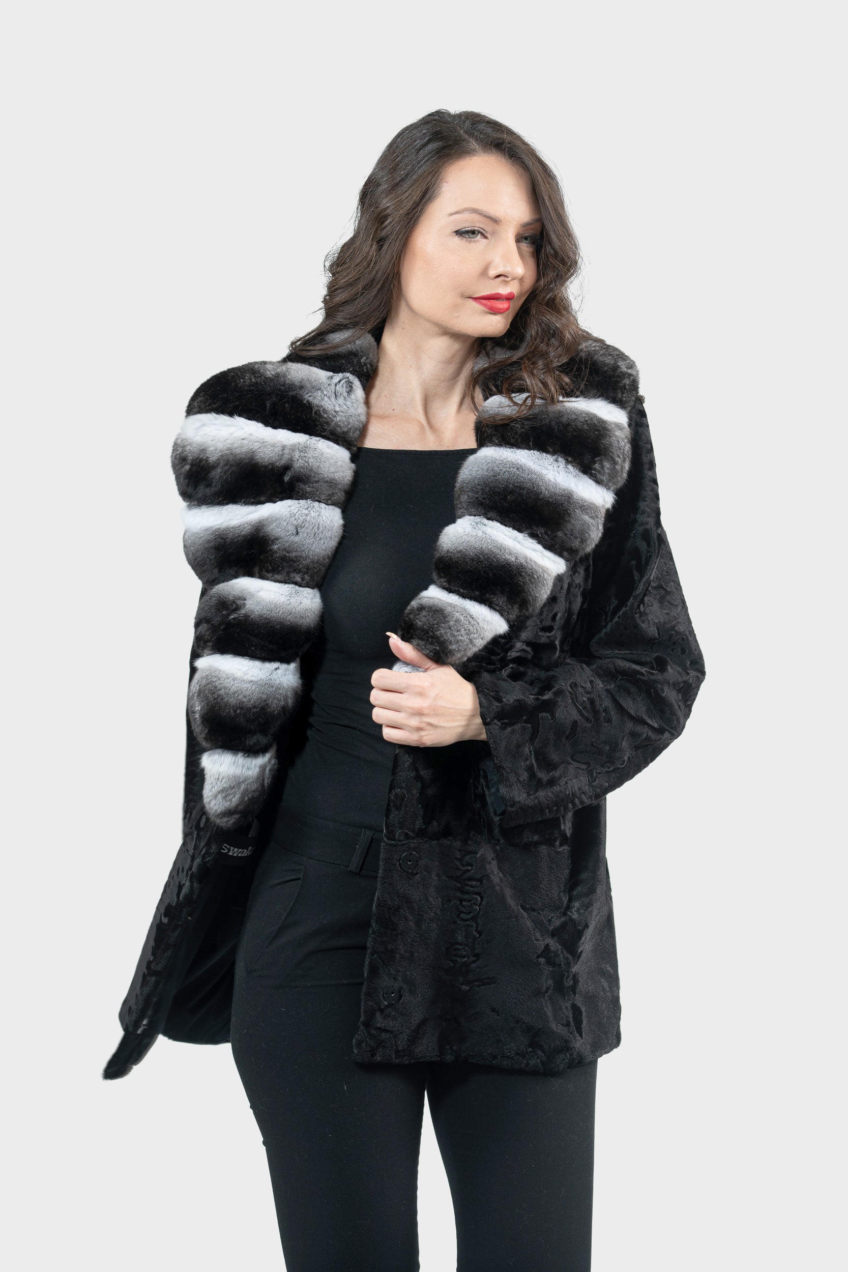 Black Swakara Jacket with Chinchilla Notch Collar S/S21C842