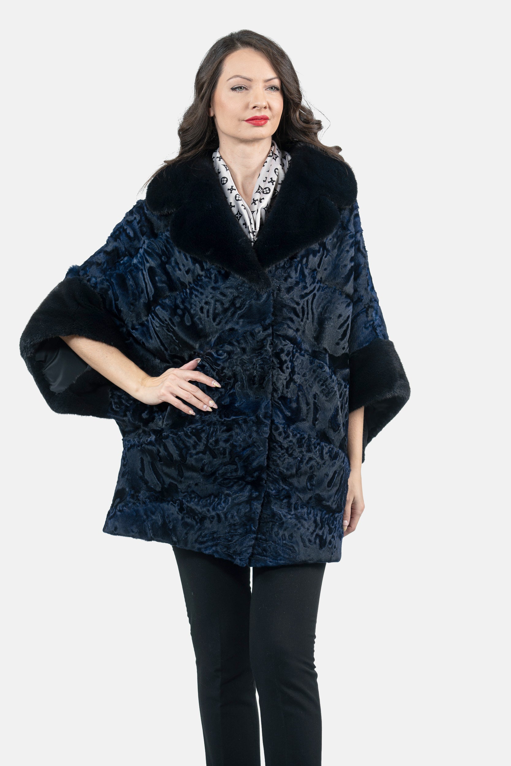 Blue Black Swakara Cape with Mink Notch Collar S/S929