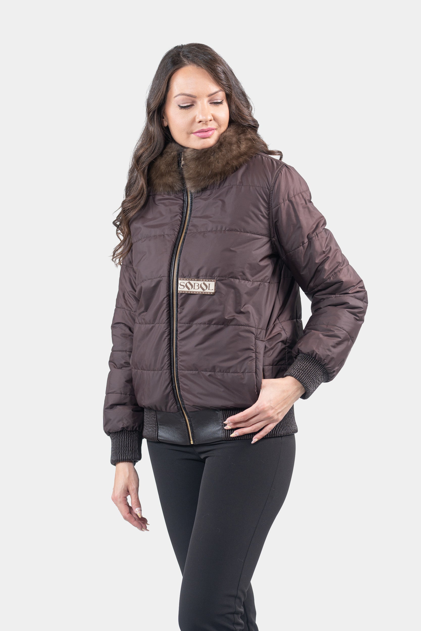 Reversible Titanium Russian Sable Bomber Jacket with Stand Collar P/K228