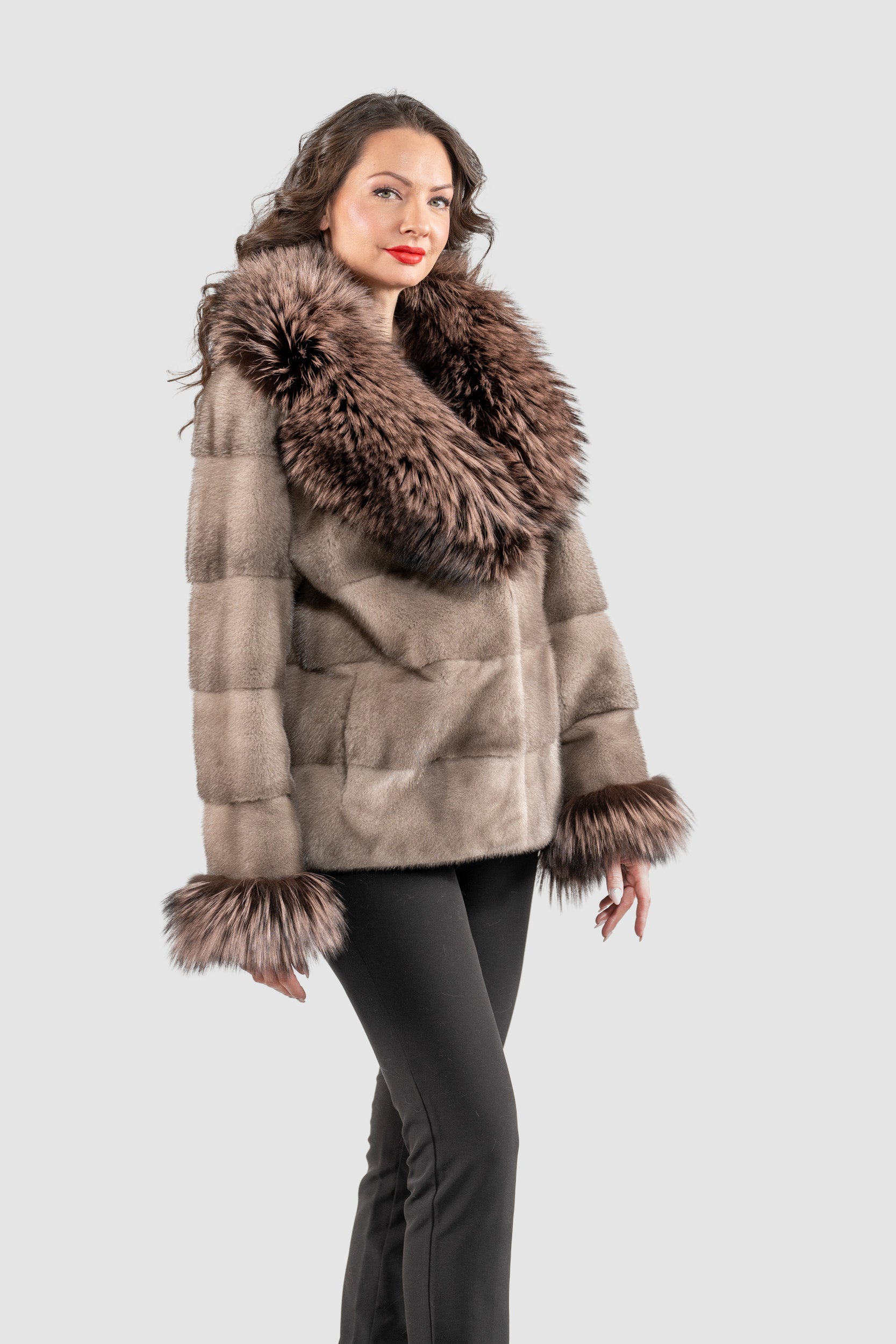 Silver Blue Mink Fur Jacket with Fox Shawl Collar and Cuffs P/K13C528C17