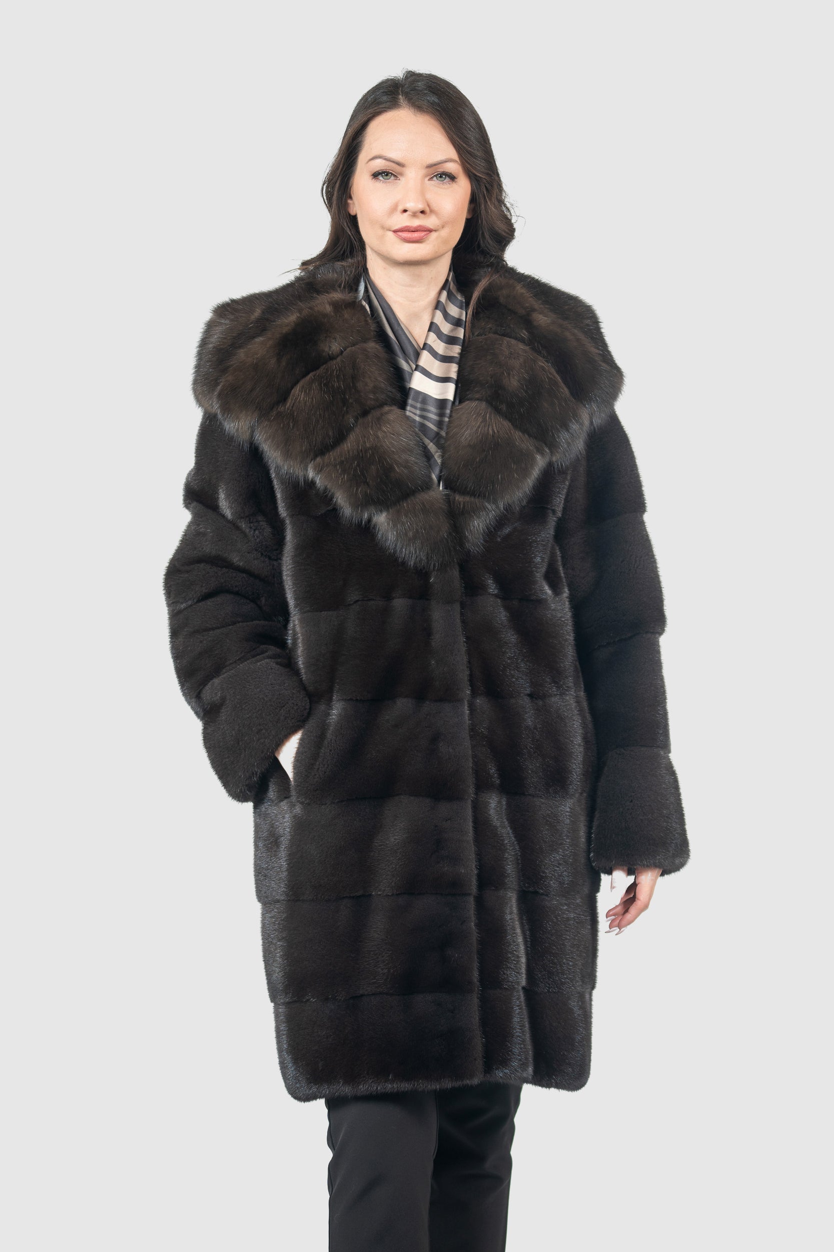 Grigio Mink Half Coat with Russian Sable Hood P/K13C540