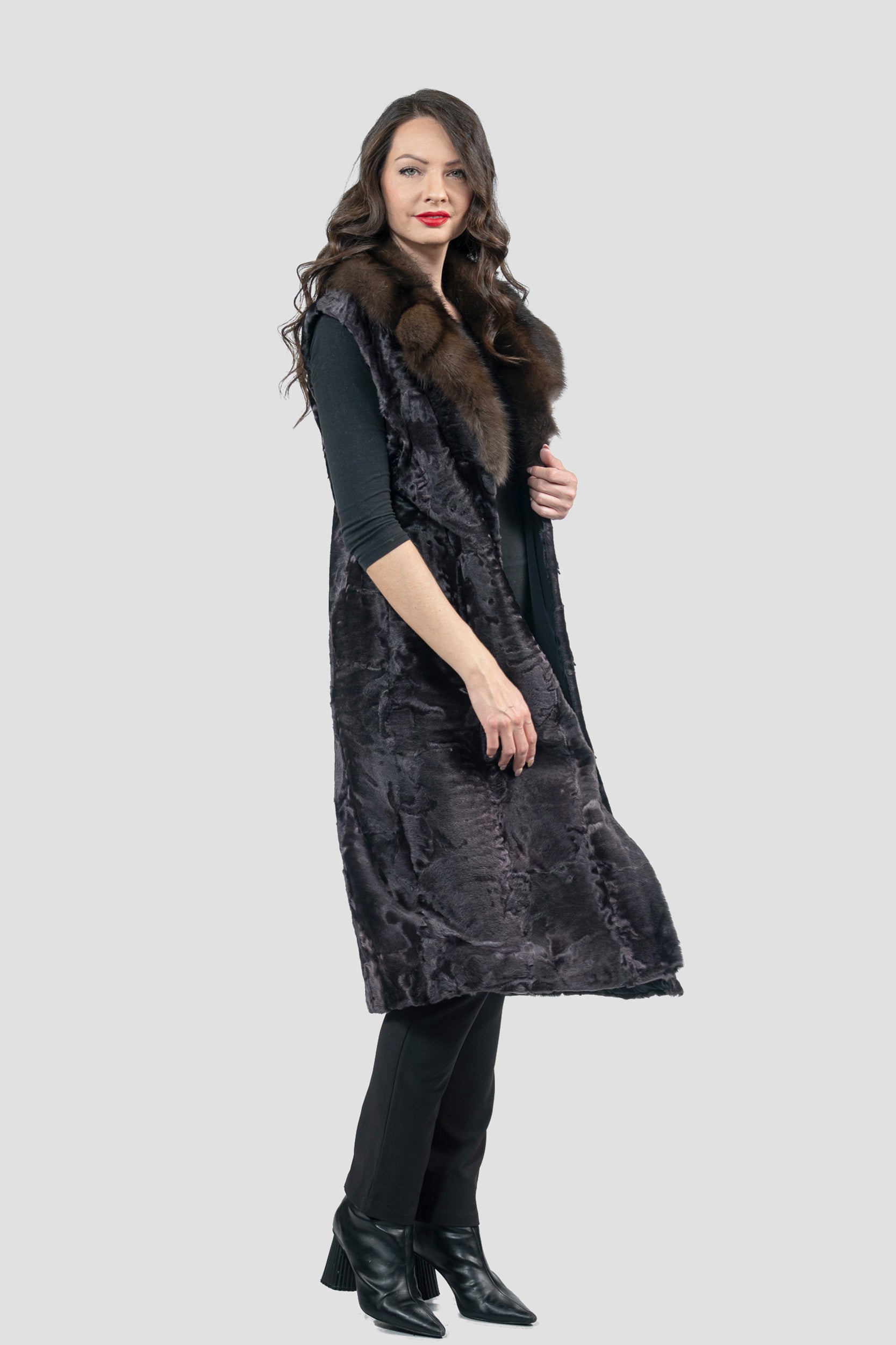 Gray Moon Swakara Vest with Russian Sable Notch Collar S/S13c519s20