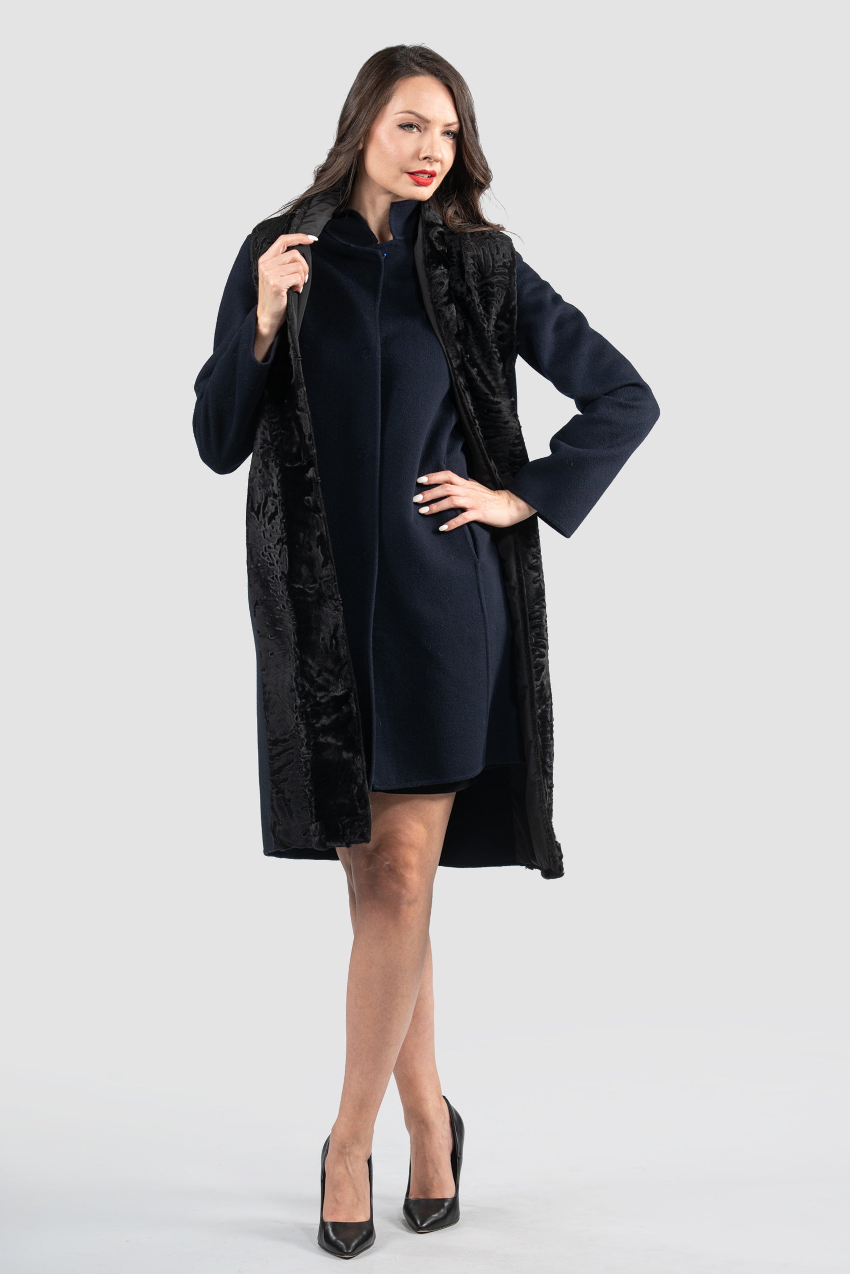 Grey Cashmere Half Coat & Vest with Grey Swakara Trim 17C8003