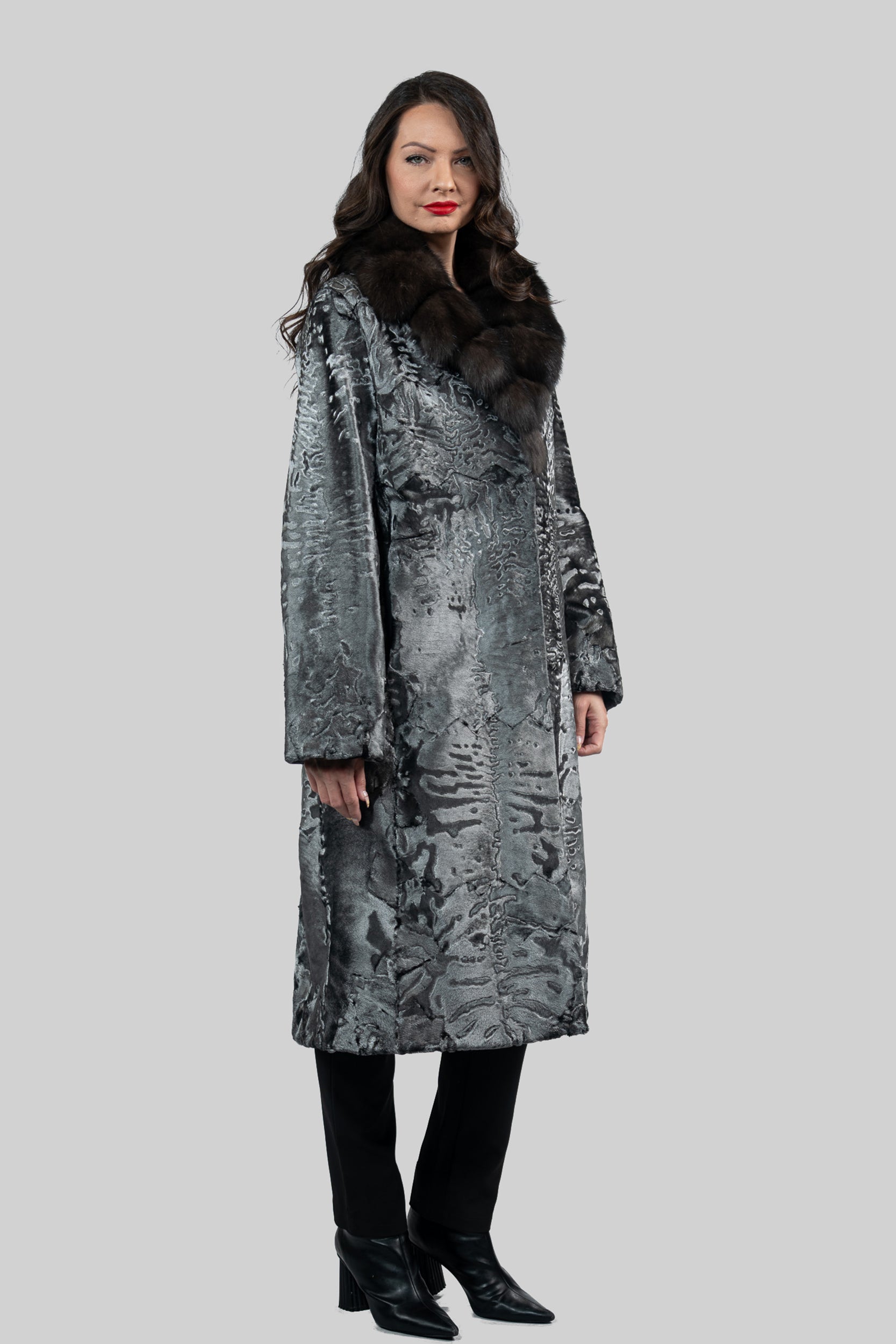 Shadow Grey Swakara Coat with Russian Sable Notch Collar S/S13C976