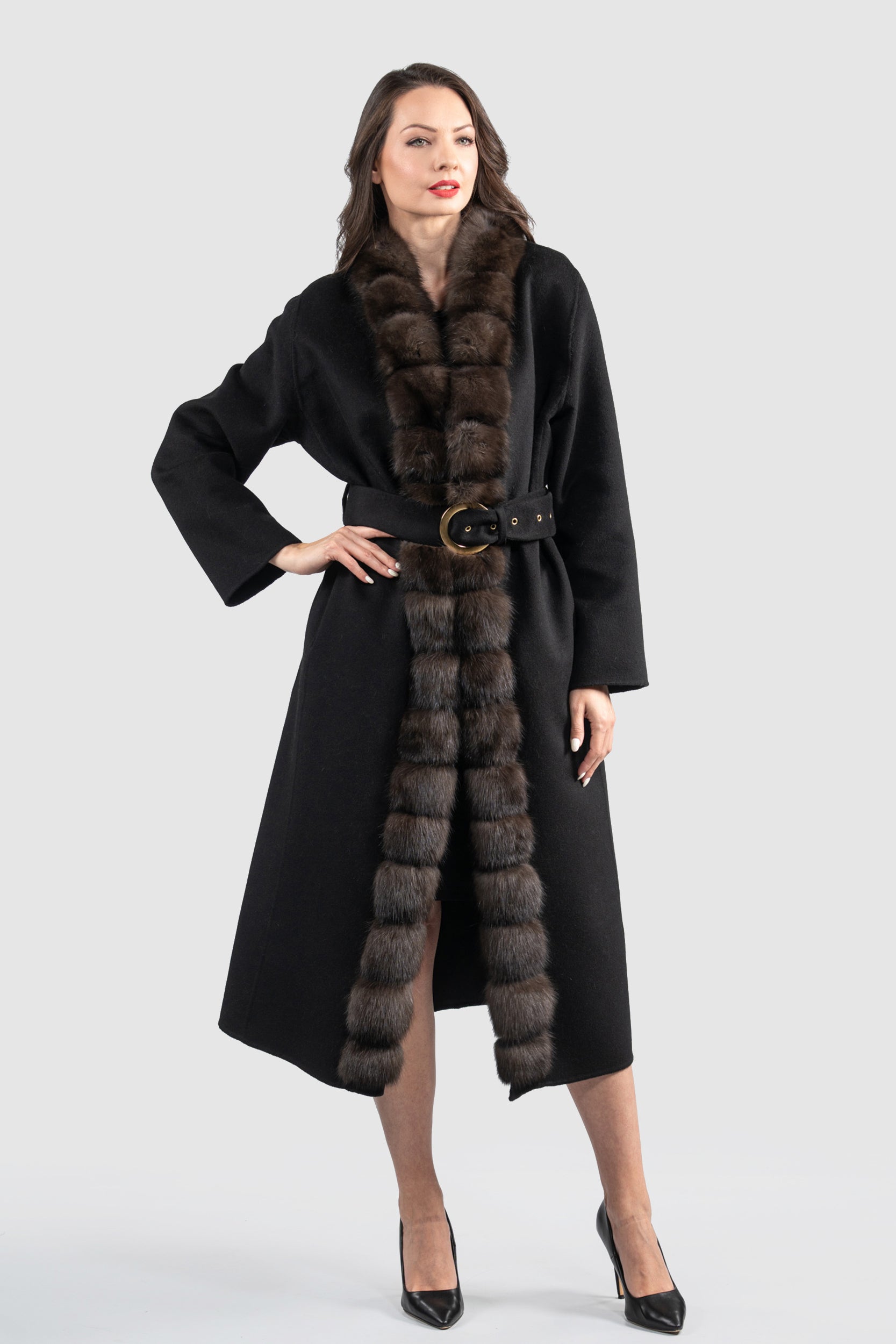 Black Cashmere Coat with Russian Sable Trim 21C6080