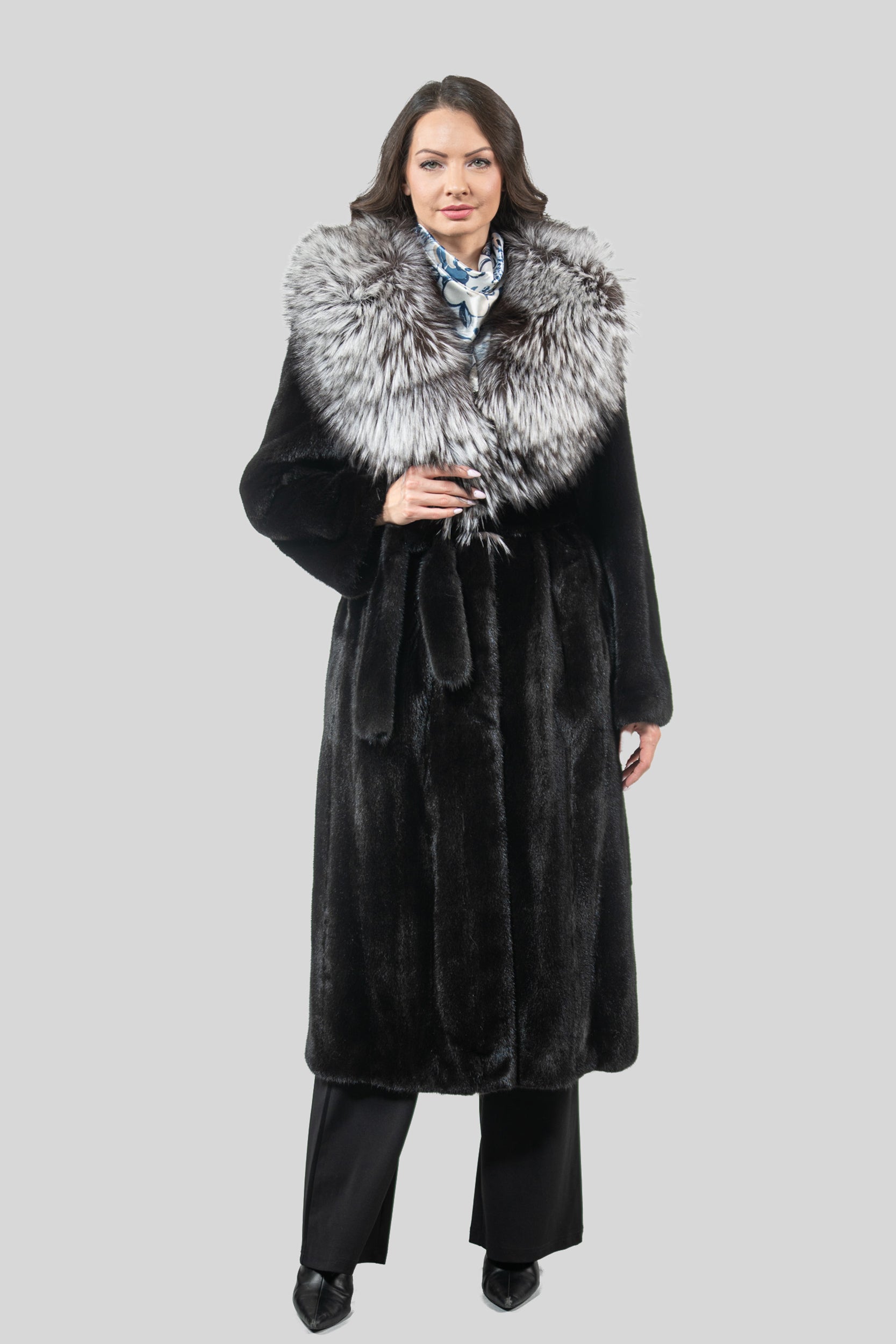 Blackgalama Mink Coat With Fox Shawl Collar L/O13C530gC17