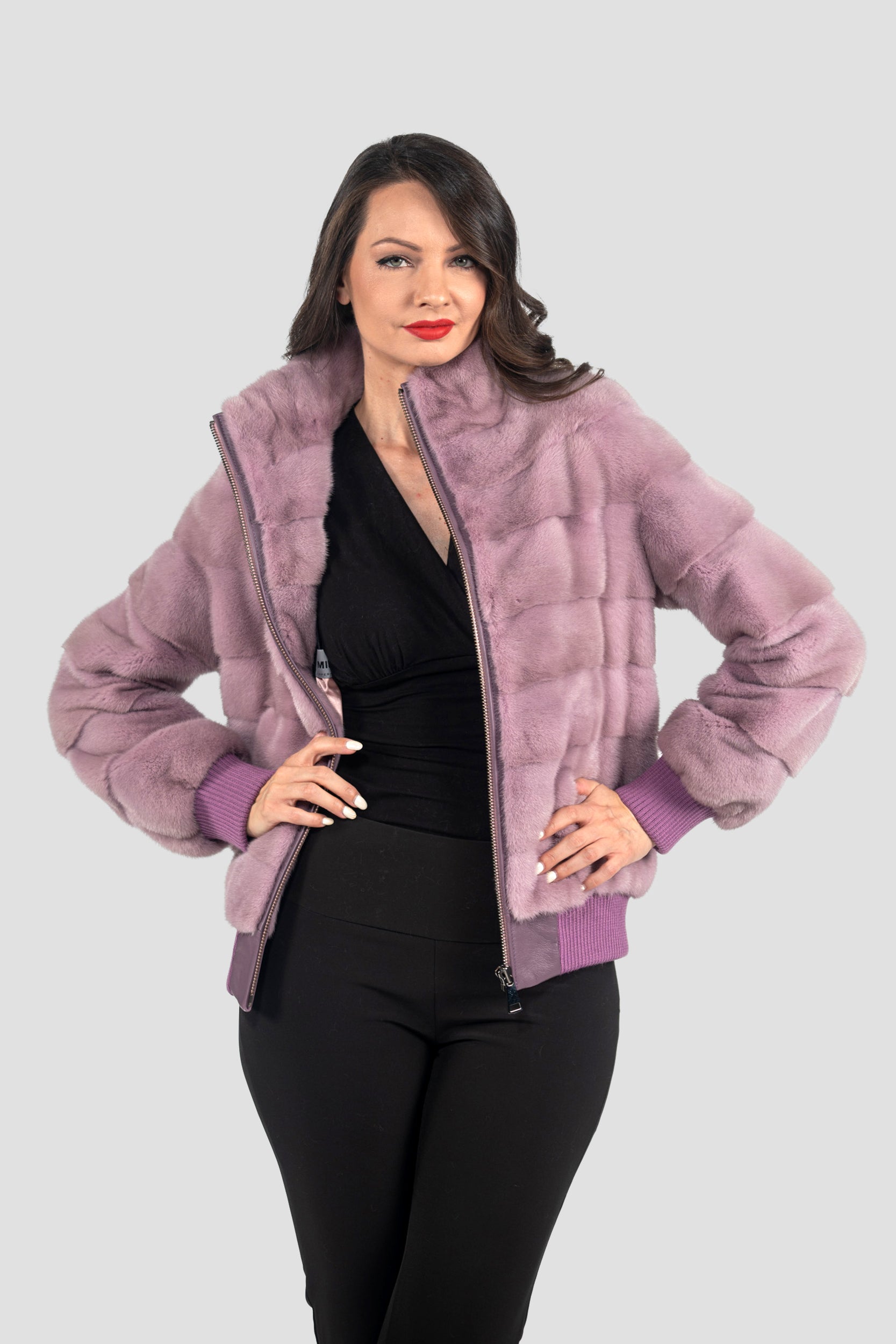 Violet Mink Bomber Jacket with Stand Collar P/K13C224