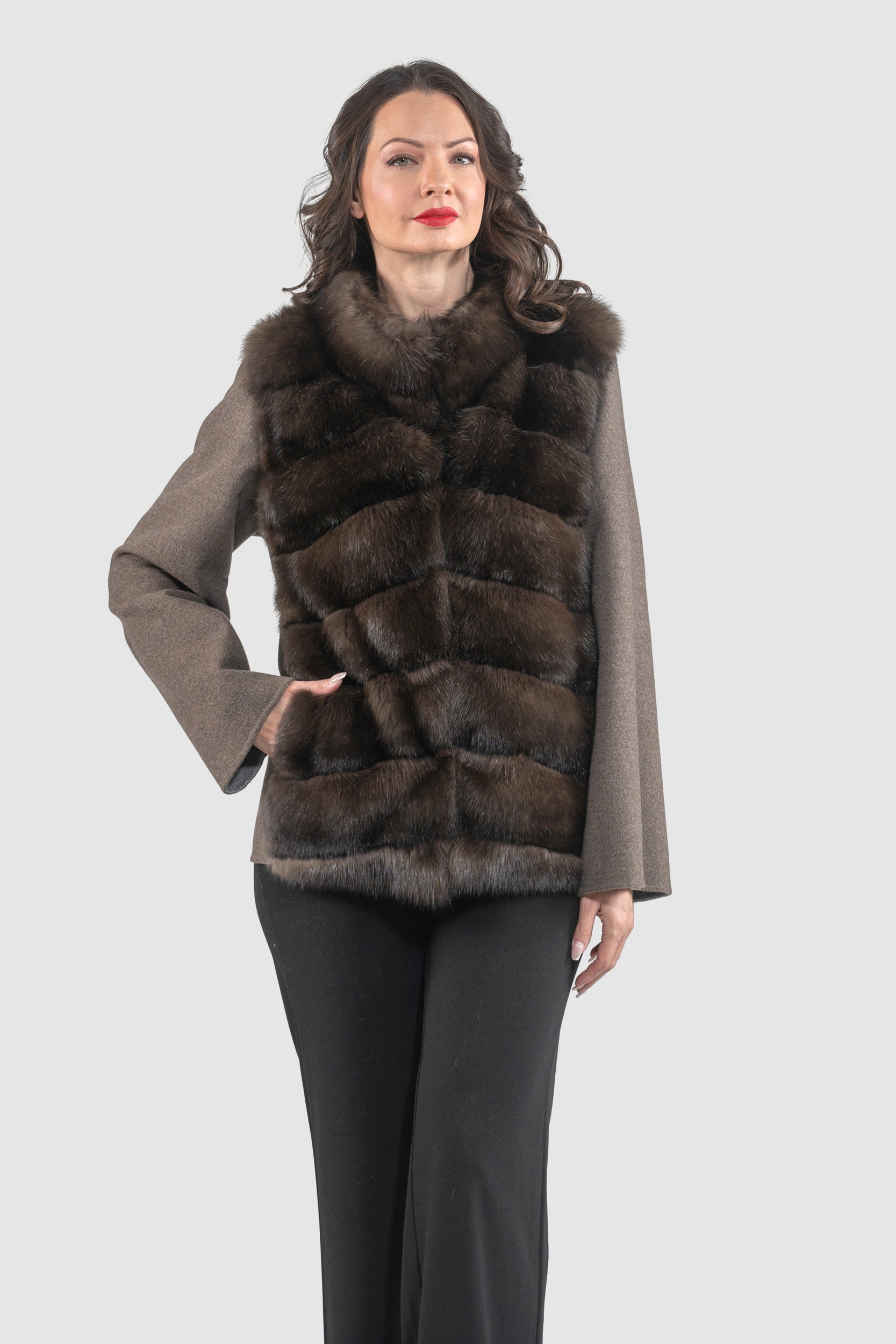 Brown Grey Cashmere Jacket with Baumarten Fur Trim 17C8003G530