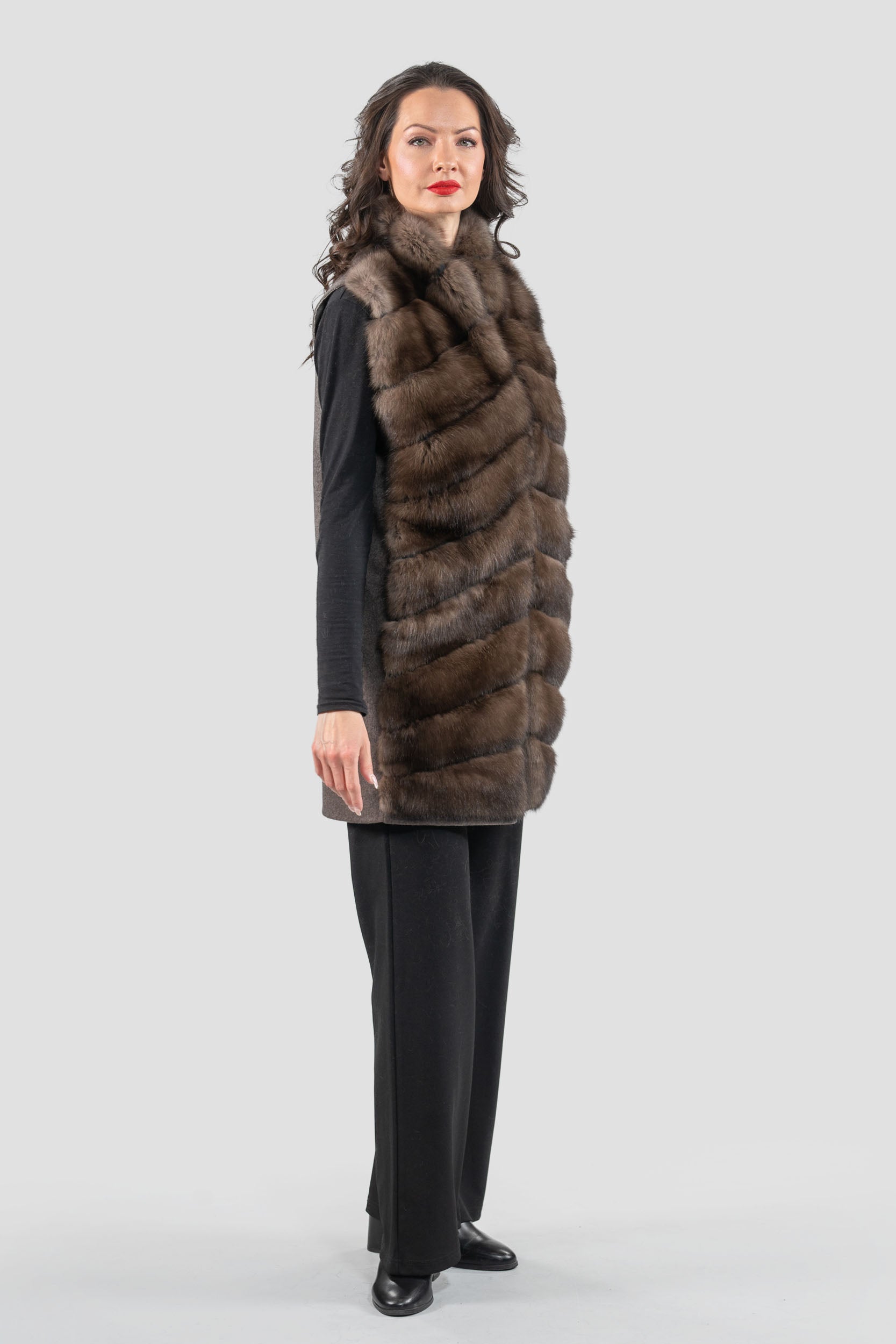 Brown Cashmere Vest with Russian Sable Trim 17C8003