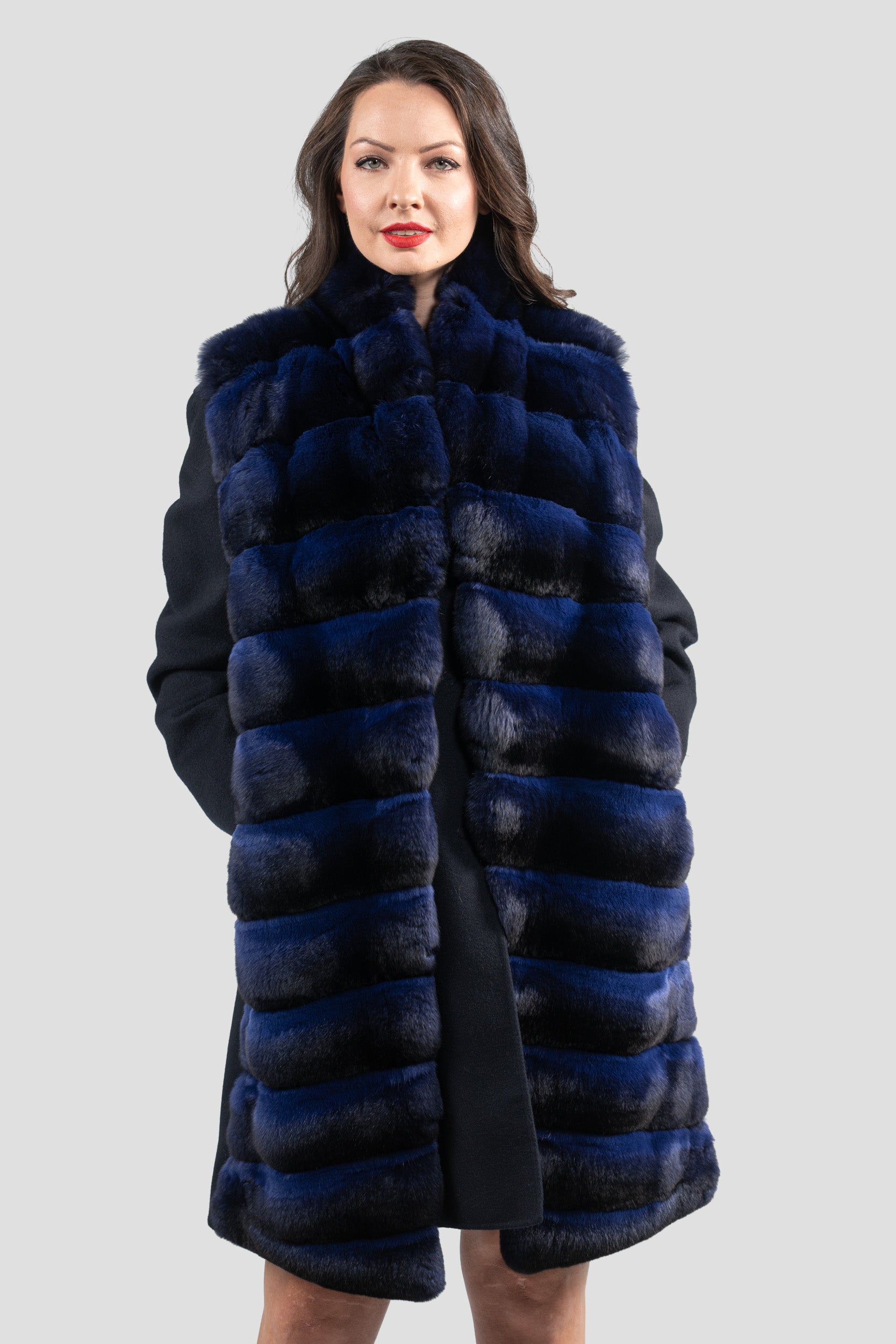 Blue Black Cashmere Half Coat & Vest with Chinchilla Trim 17C8003