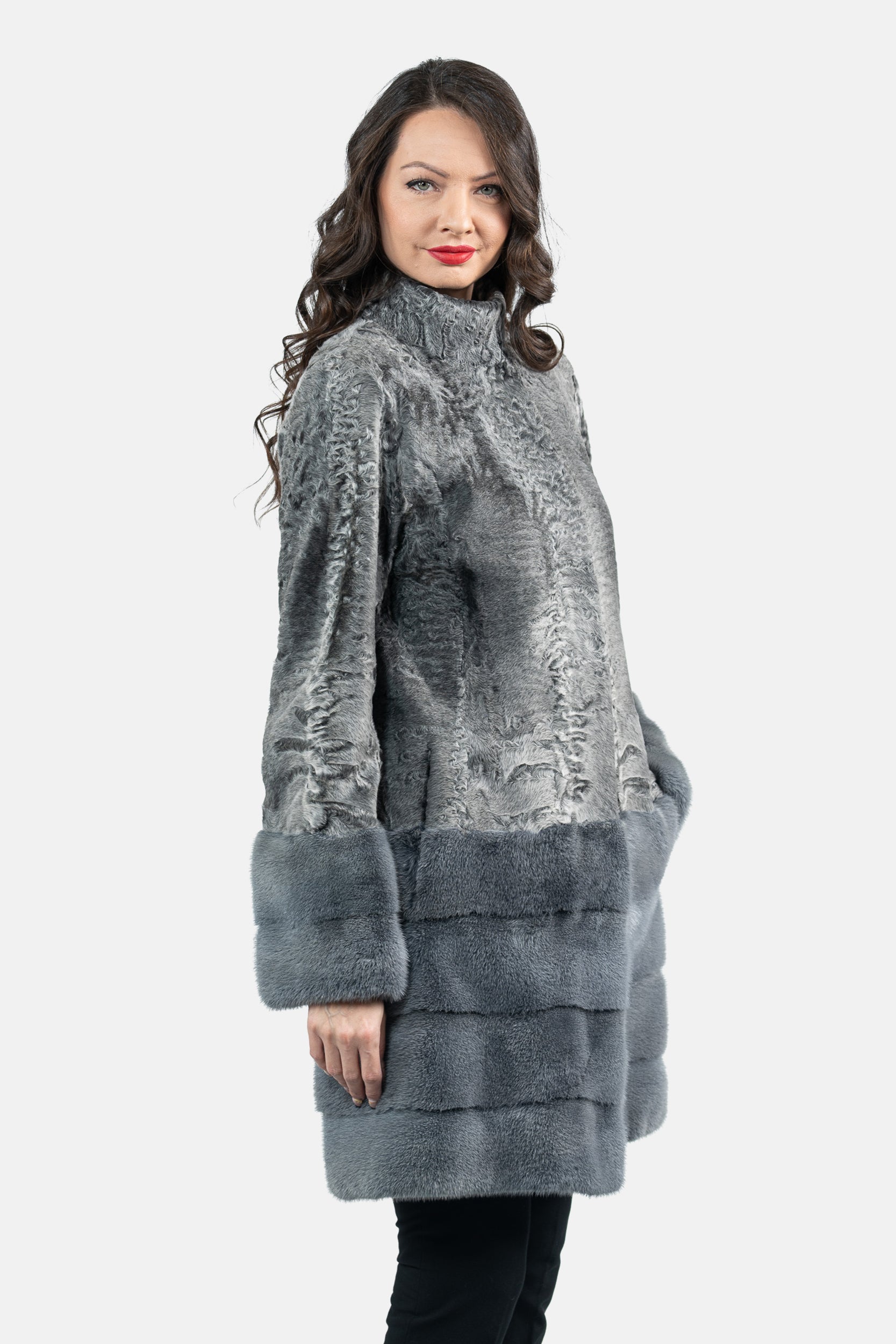 Gray Swakara Half Coat with Mink Trimmed Hem S/SR/K21999