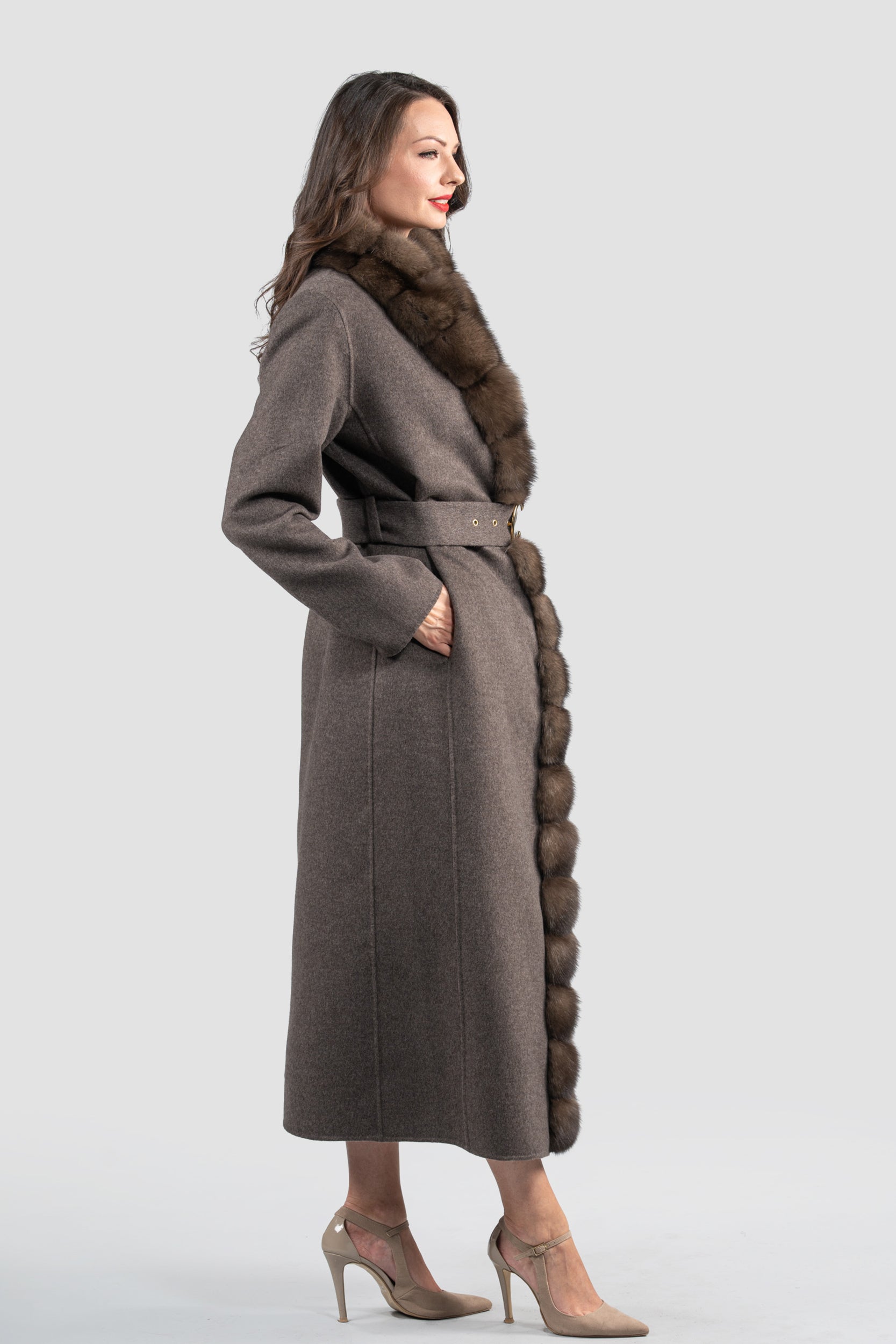 Brown Grey Cashmere Coat with Russian Sable Trim 21C6080