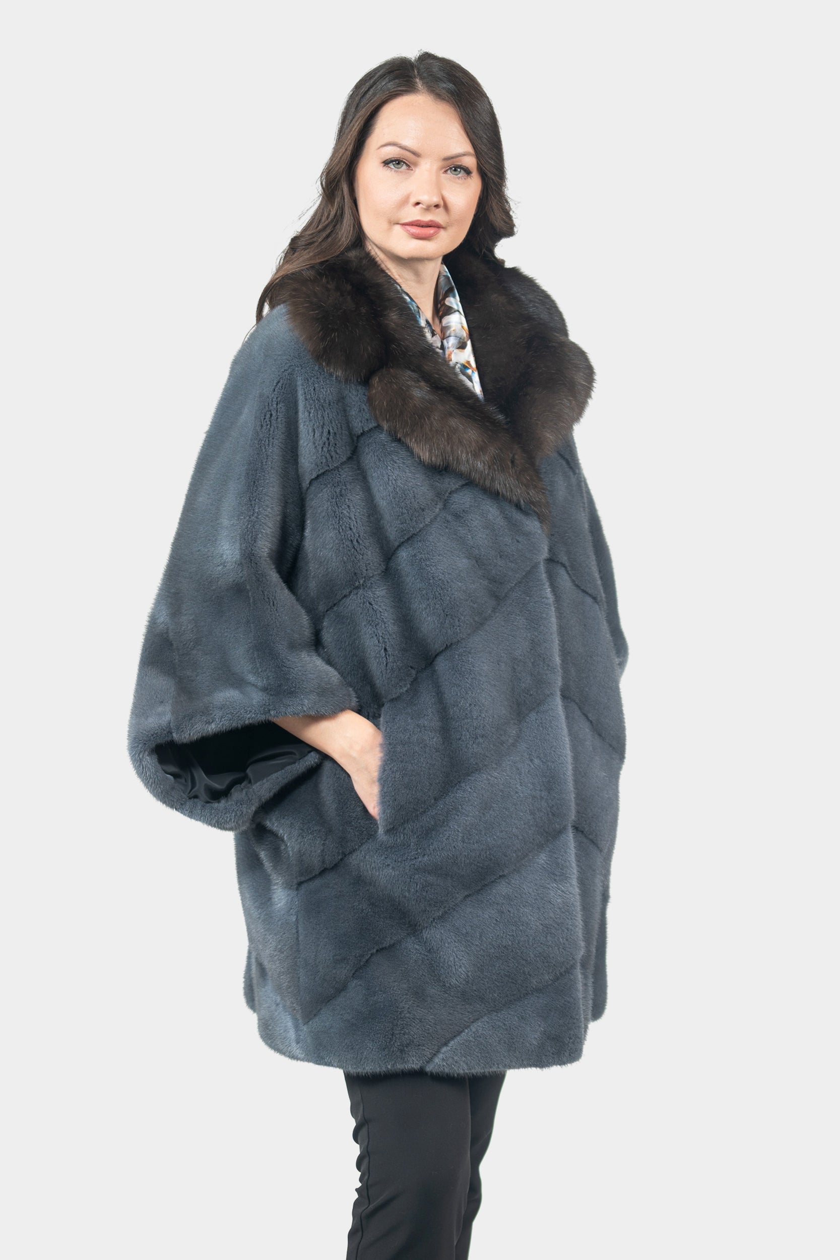 Asphalto Mink Cape with Russian Sable-Trimmed Notch Collar P/K13C949