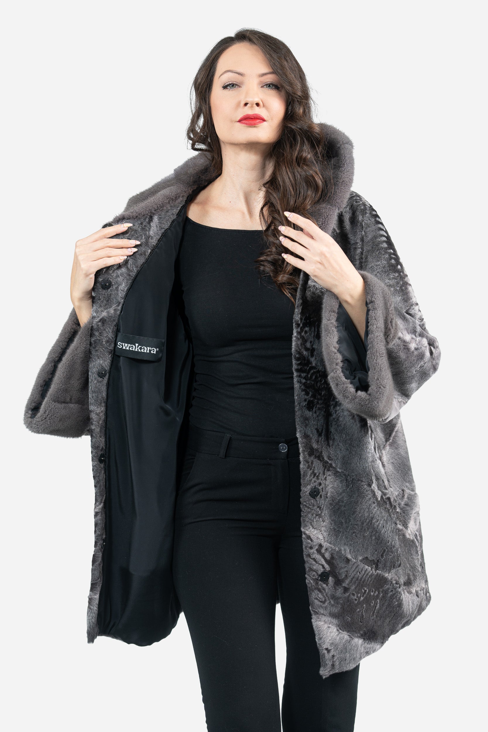 Grey Moon Swakara Half Coat with Mink Trim A/K850V30