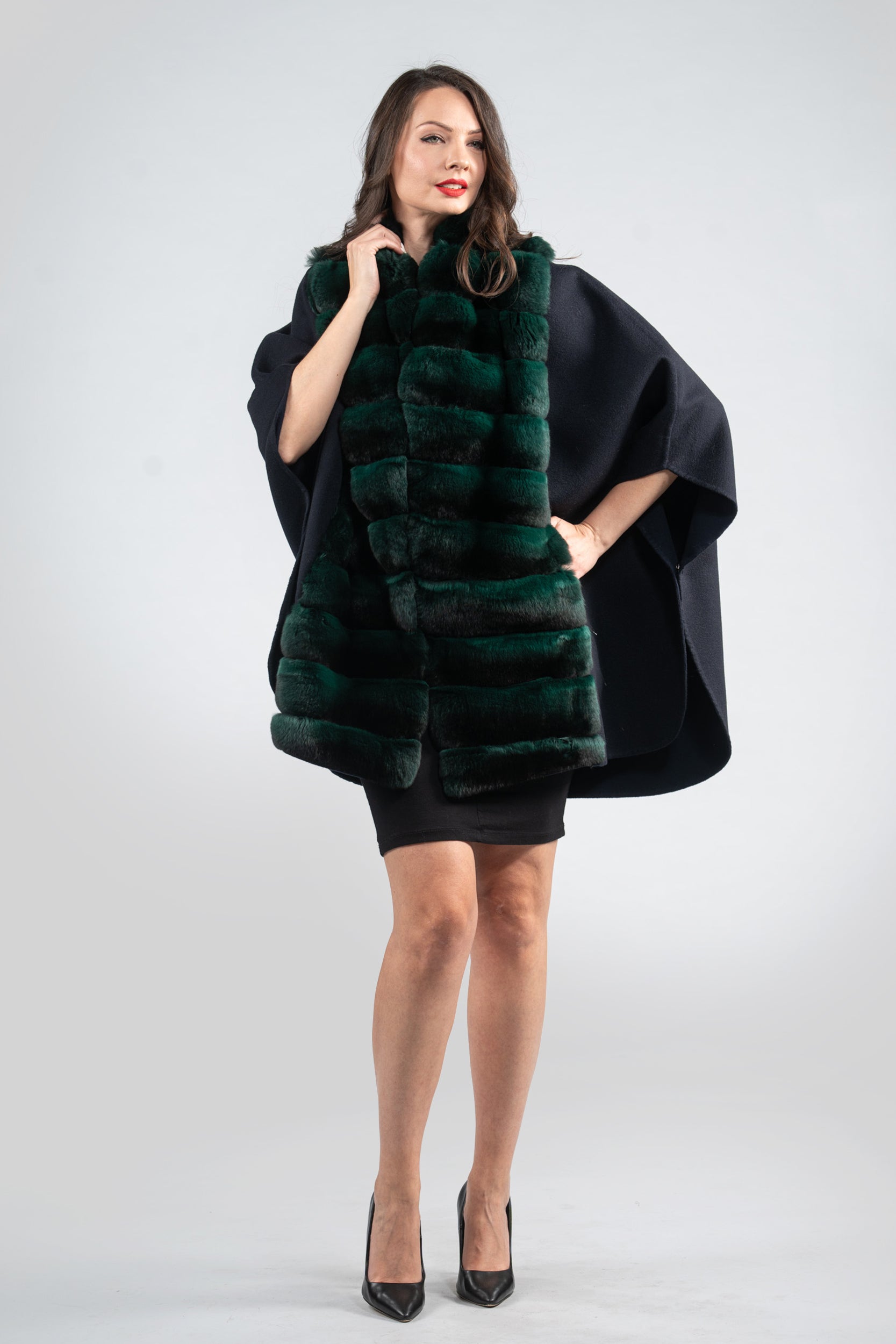 Blue Black Cashmere Cape with Chinchilla Trim 18M950