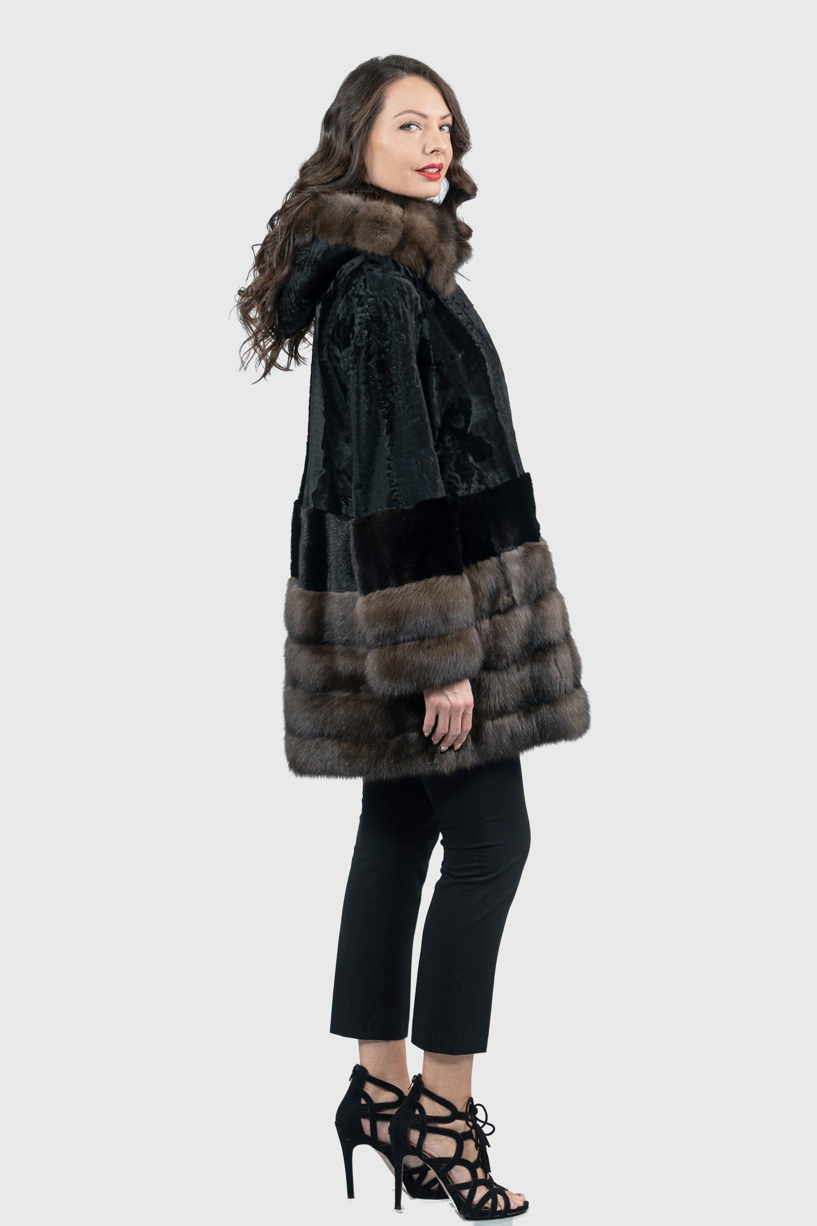 Black Swakara Hooded Half Coat with Mink and Russian Sable Trim S/SR/K4535