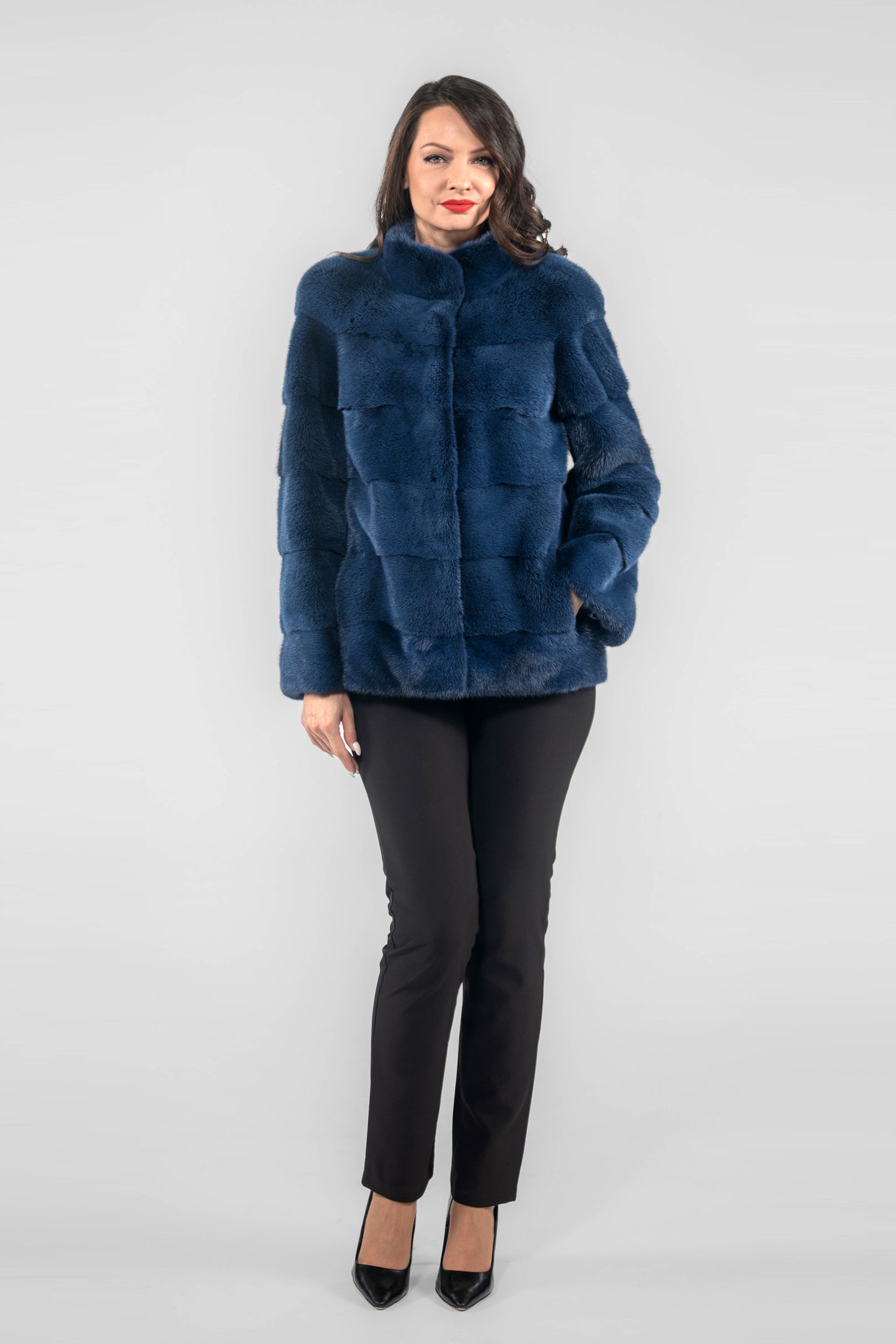 Blue Black Mink Jacket with Stand Collar P/K13C528