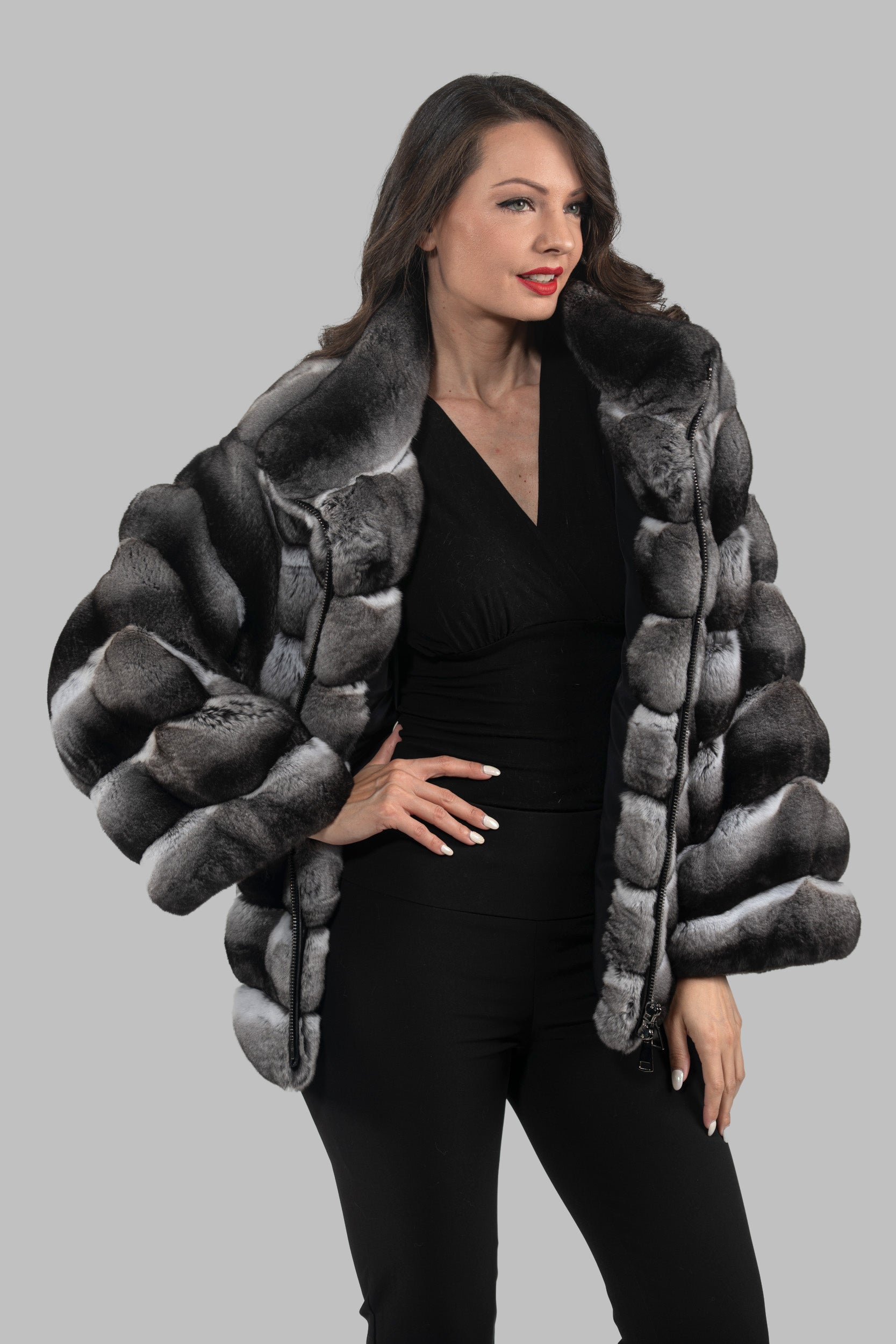 Chinchilla Jacket with Stand Collar and Zipper P/K13C137