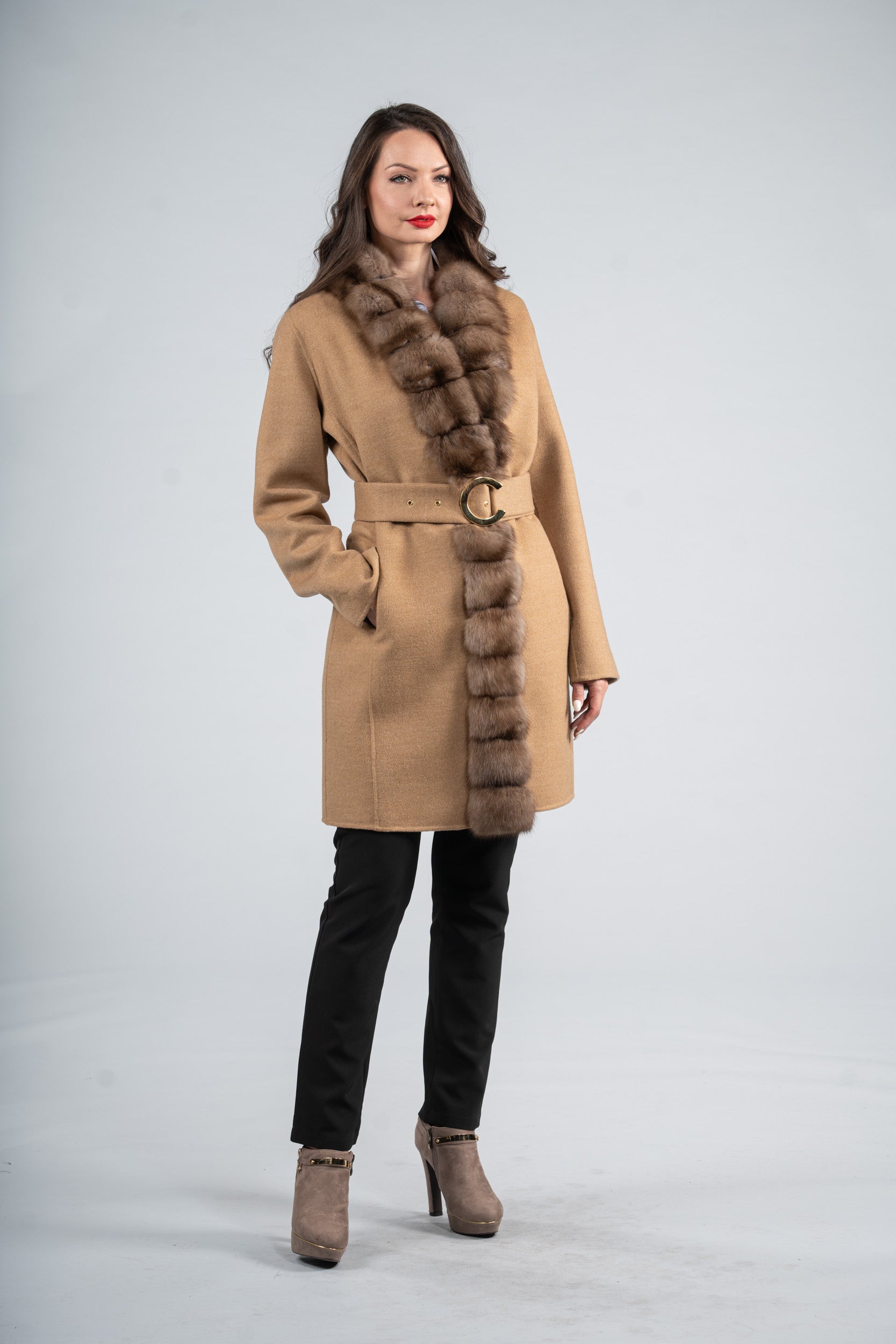 Beige Ecru Cashmere Coat with Russian Sable Trim 21C6080