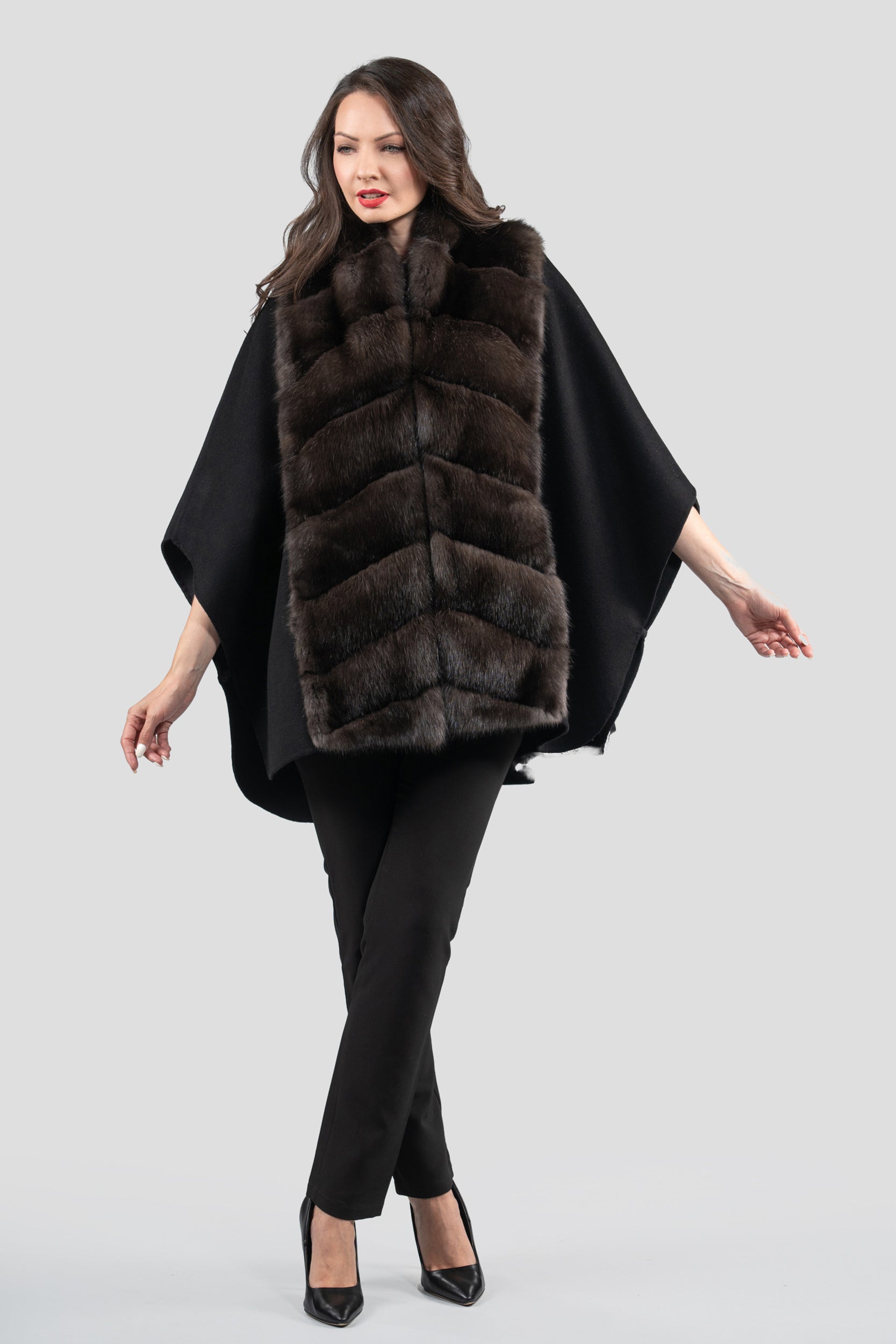 Black Cashmere Cape with Russian Sable Trim 18M950
