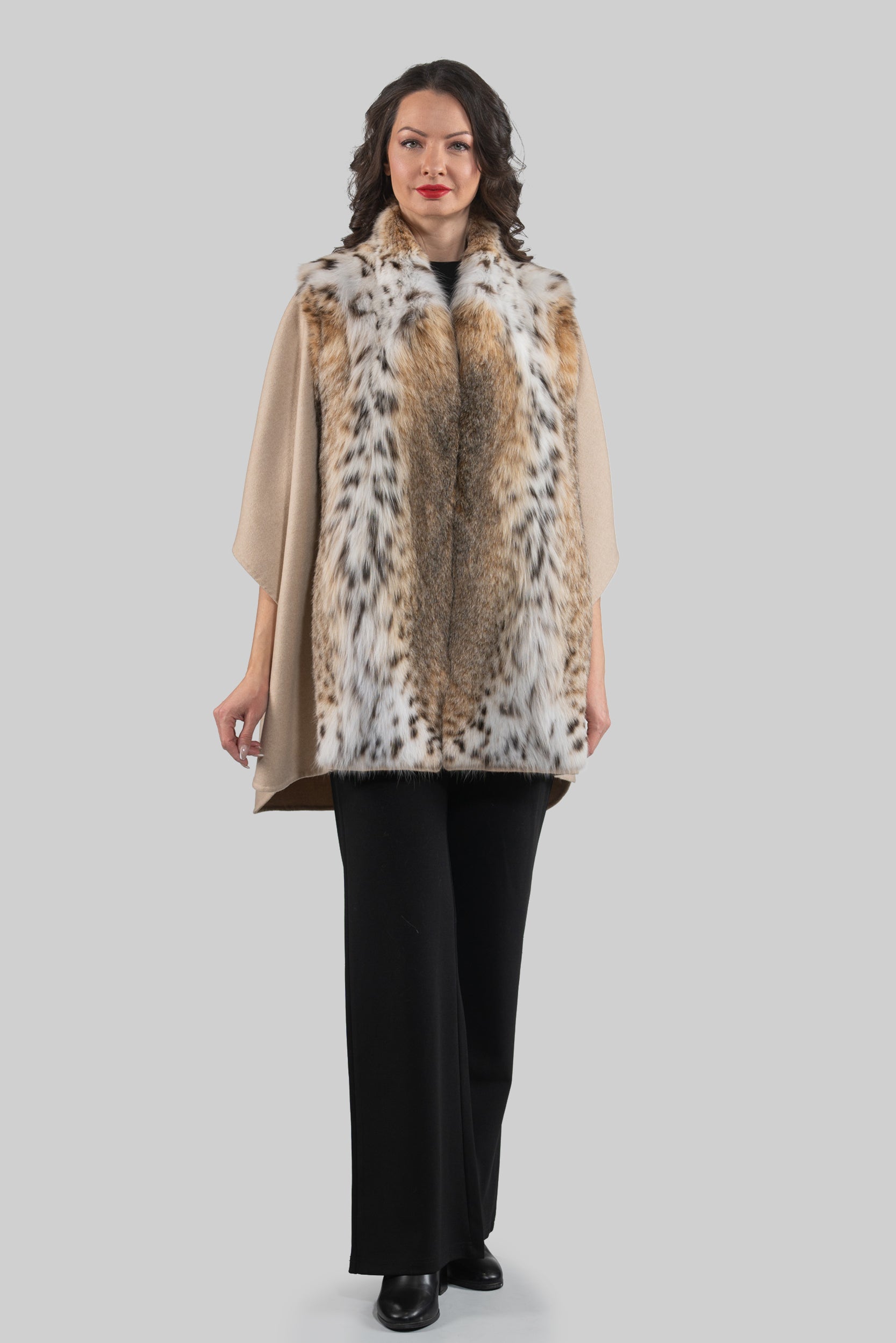 Ecru Cashmere Cape with Bobcat Fur Trim 18M950
