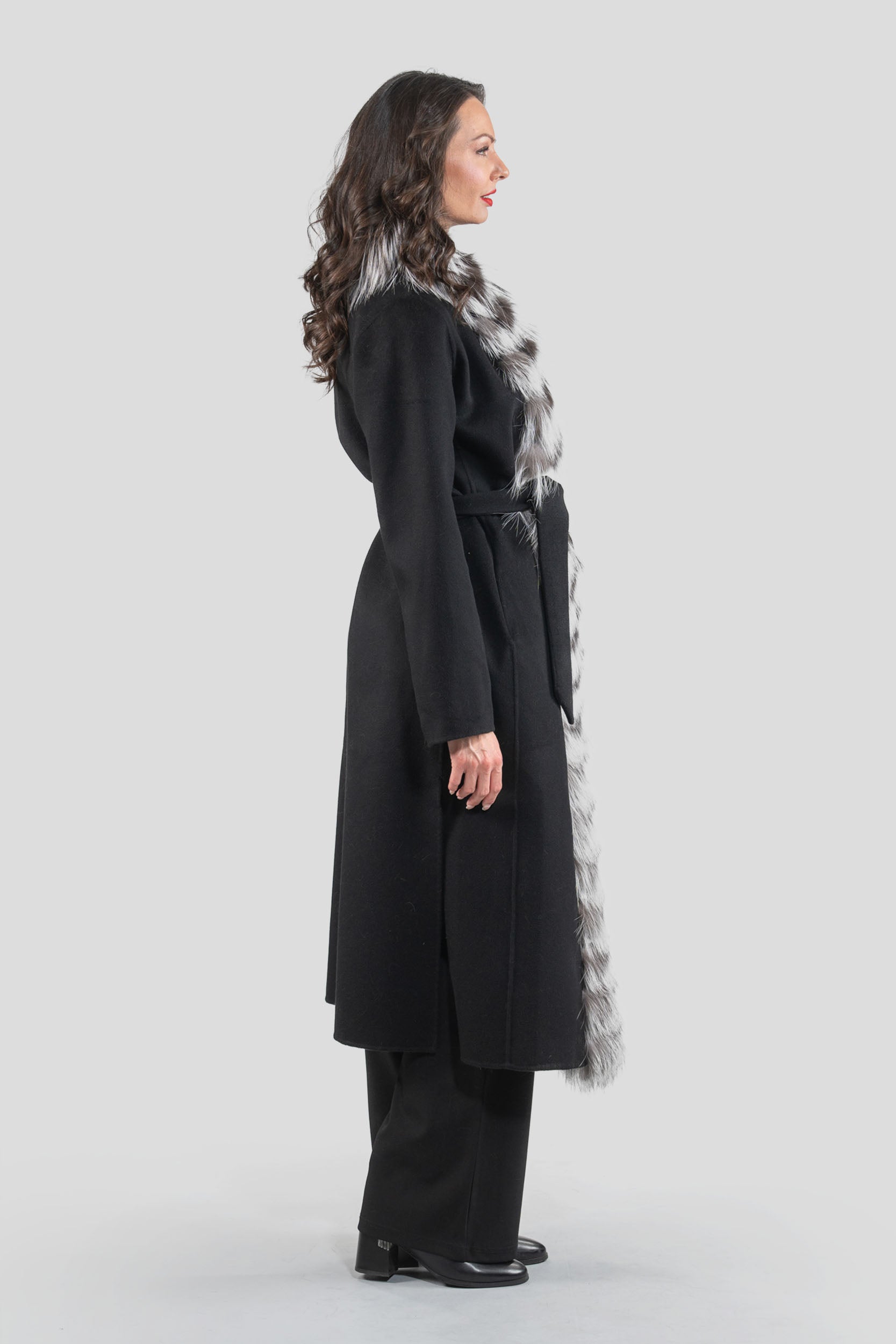 Black Cashmere Coat with Fox Trim 21C6080