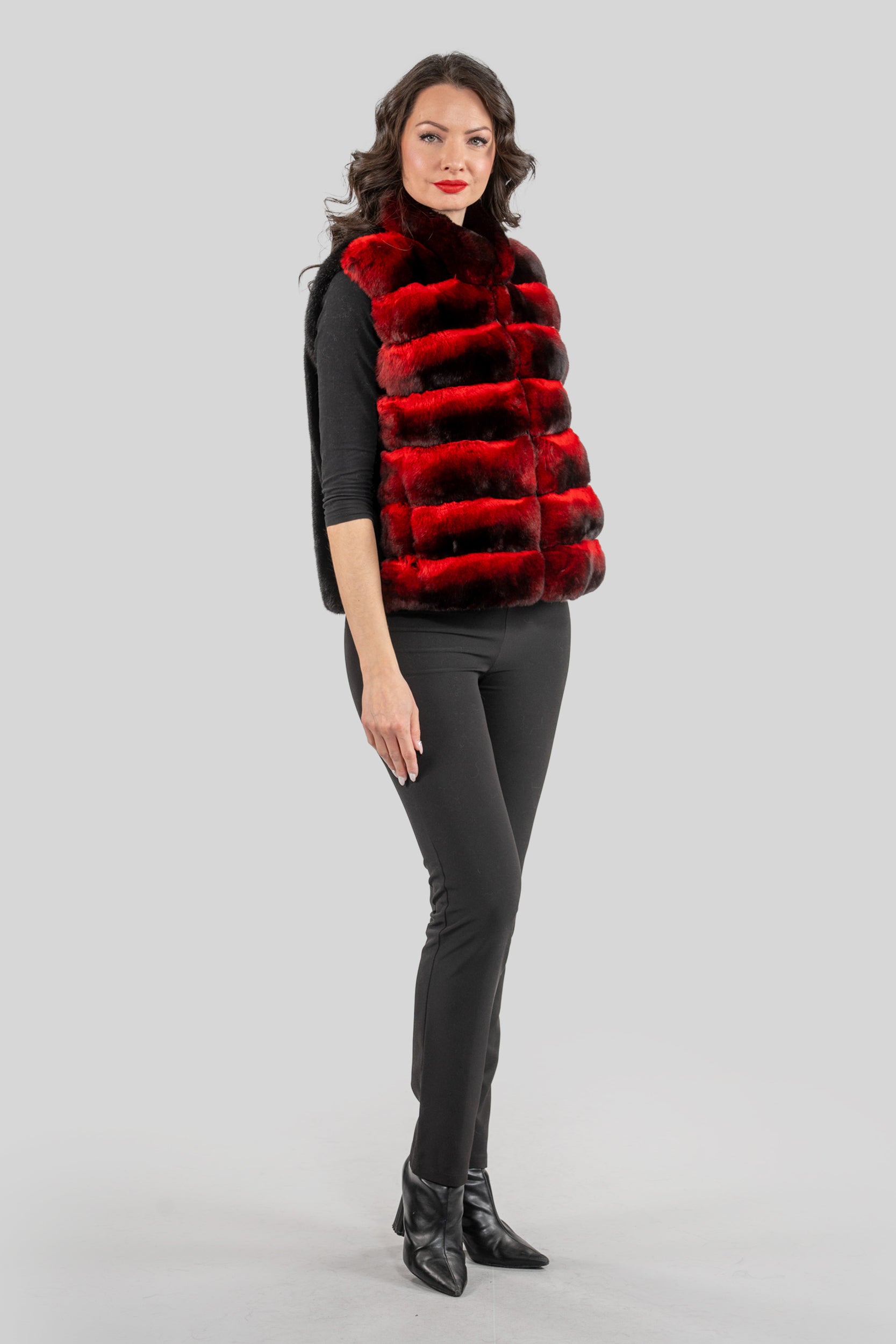 Red Chinchilla Vest with Stand Collar and Mink Trim P/K2201